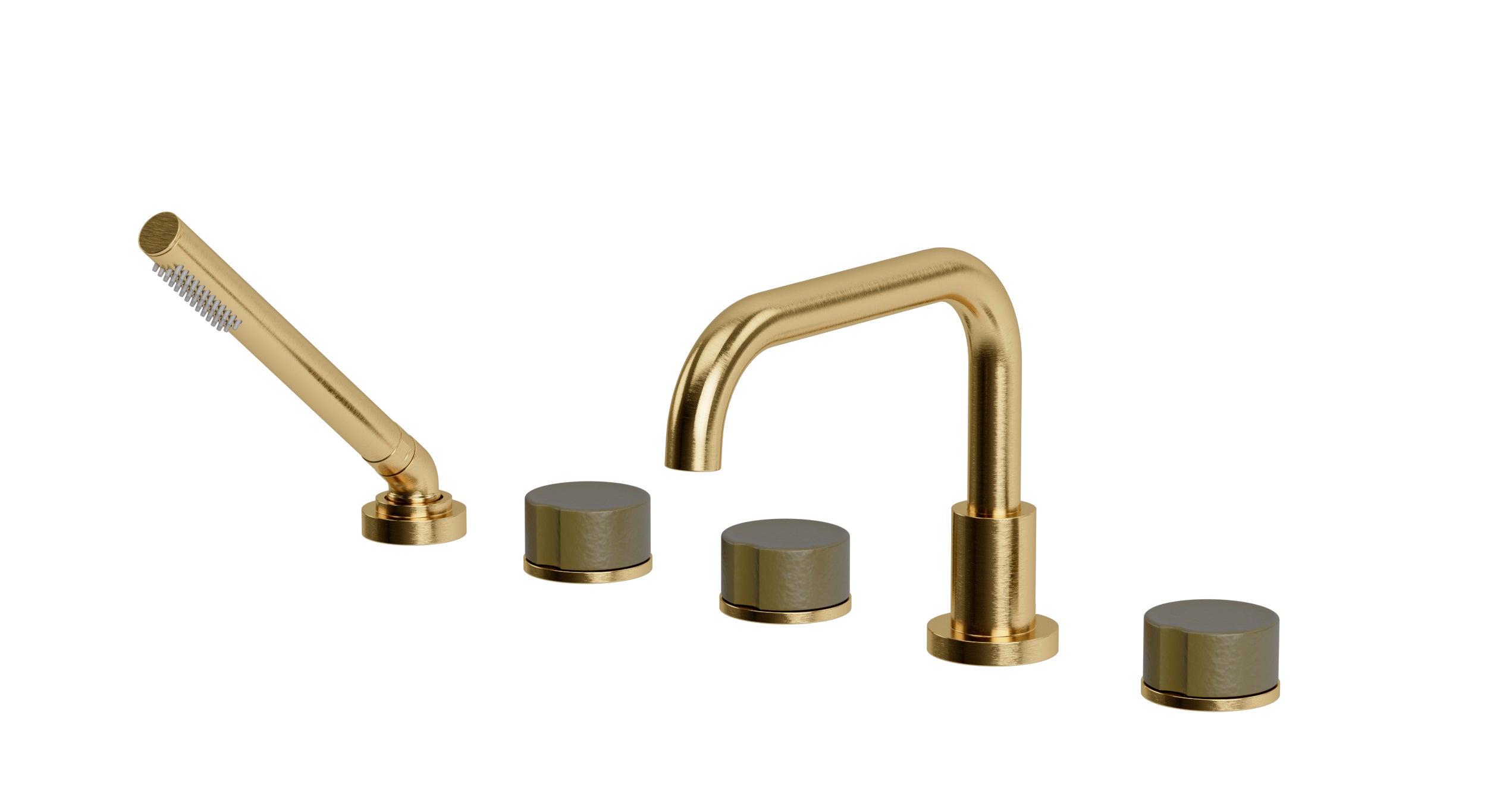 Foundry Three Handle Deck Mount Squaretop Bath Trim with Hand Shower and Groove Ceramic Knob Handles in Satin Brass