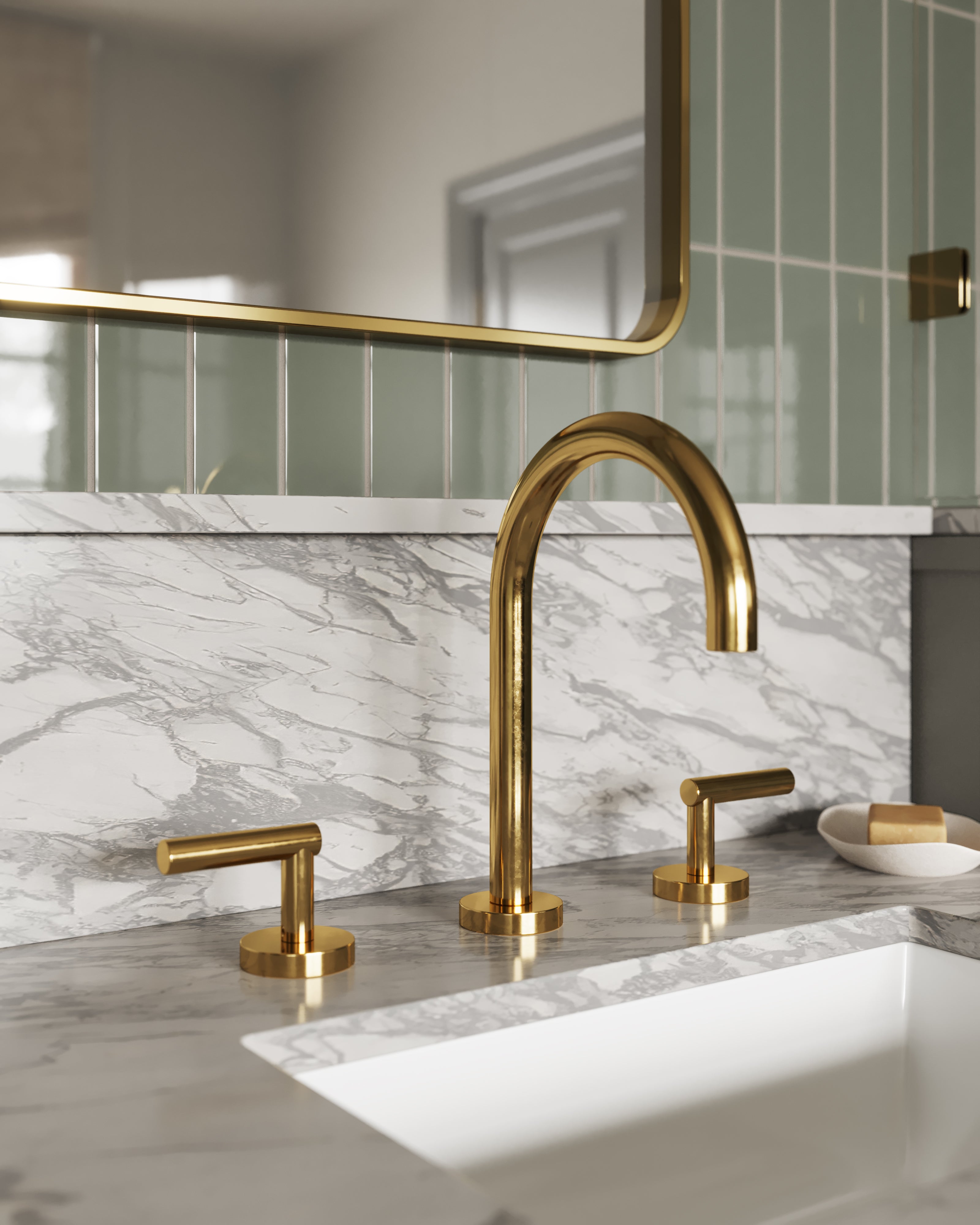 Contour Two Handle Deck Mount Gooseneck Lavatory Faucet with Soft Lever Handles in French Brass