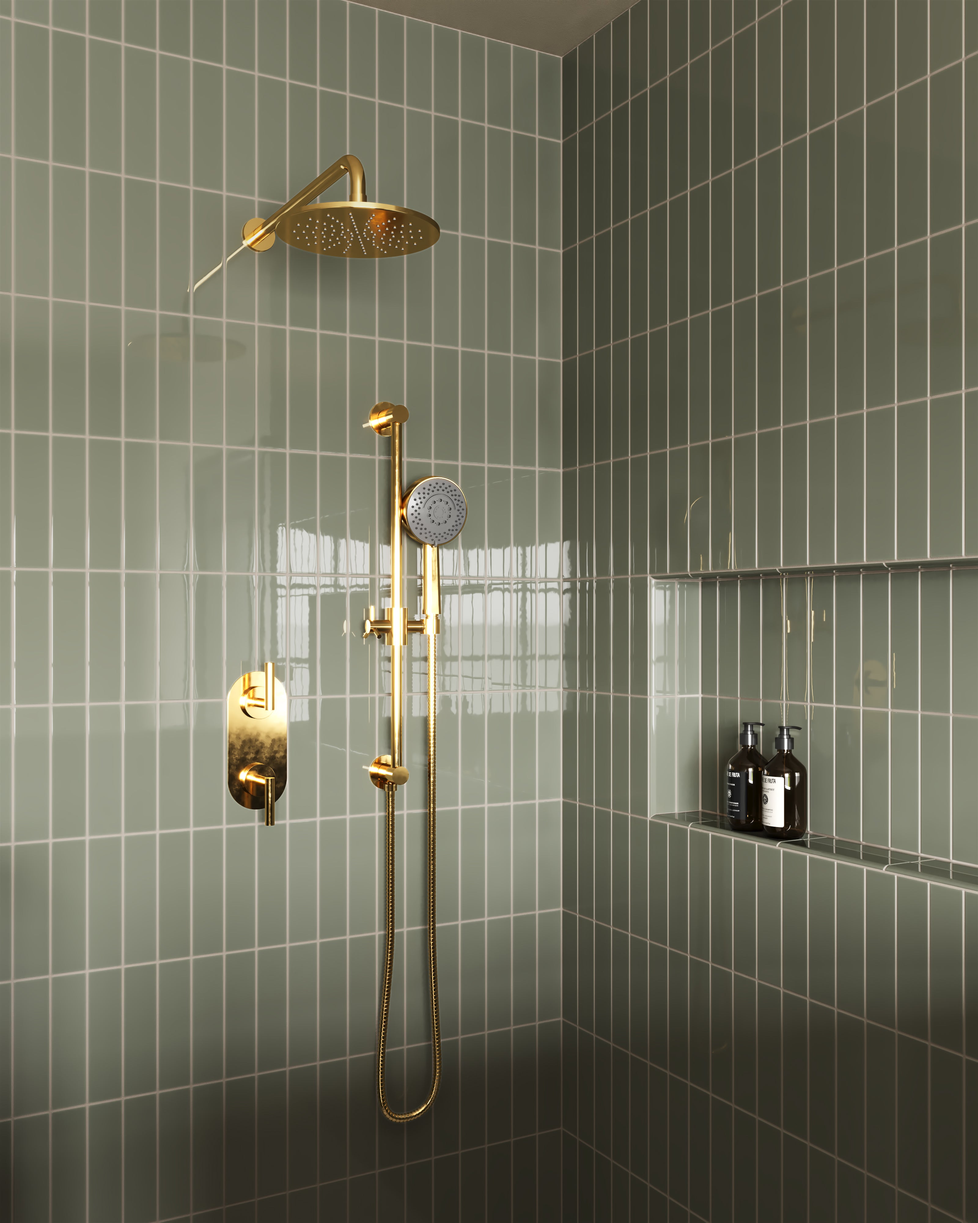 Contour Two Handle Wall Mount Shower Trim with Soft Lever Handles in French Brass