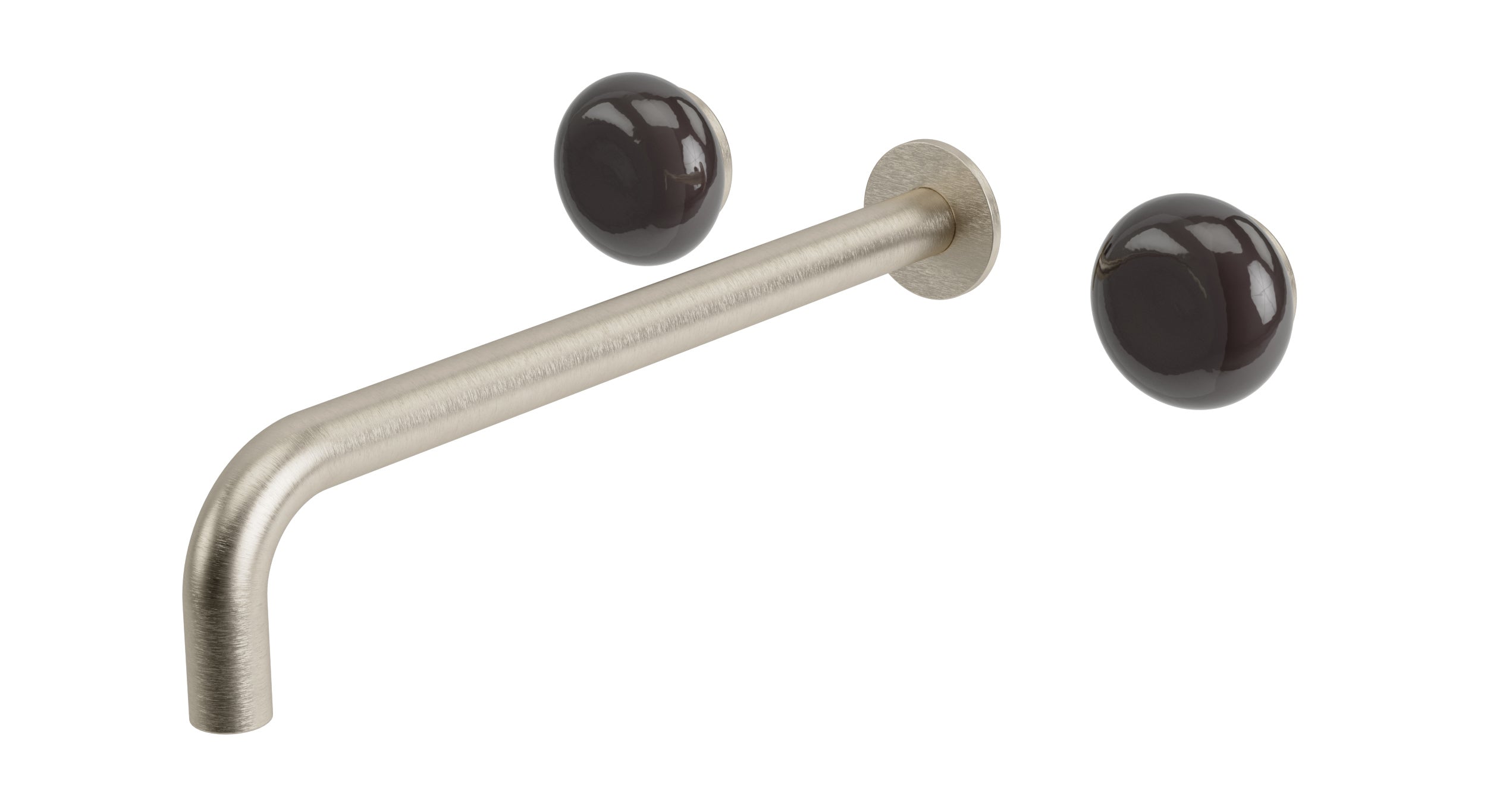 Foundry Two Handle Wall Mount 12" Lavatory Faucet with Pebble Ceramic Knob Handles in Satin Nickel