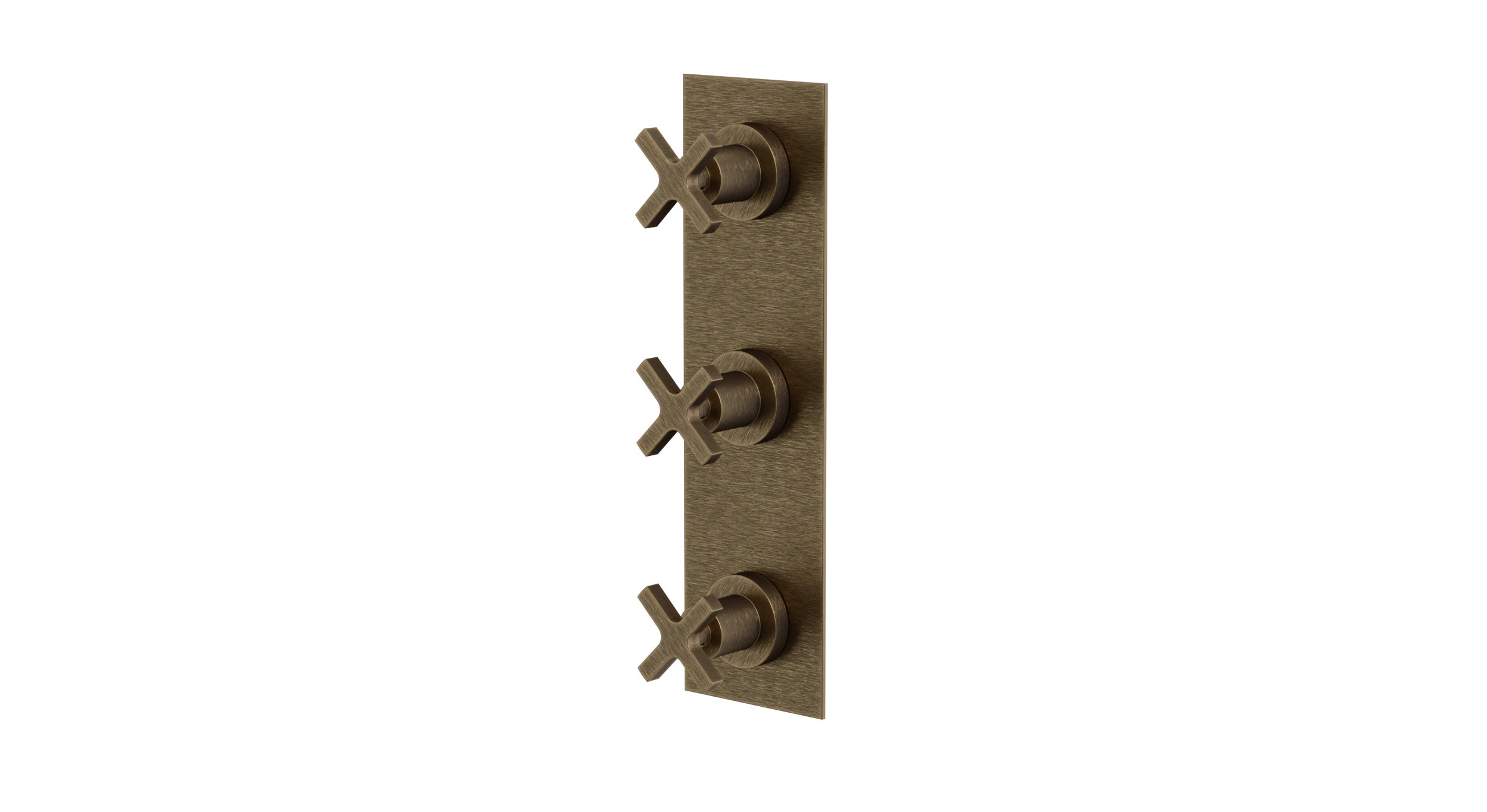 Flatiron Three Handle Wall Mount Shower Trim with Linear Cross Handles in Antique Brass