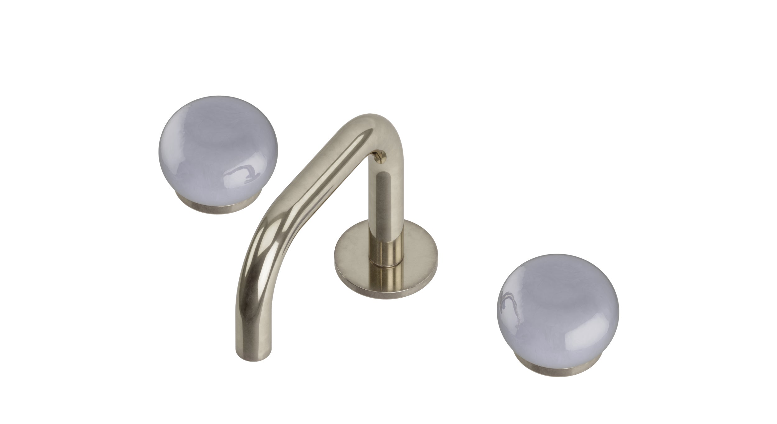 Foundry Two Handle Deck Mount Squaretop Lavatory Faucet with Pebble Ceramic Knob Handles in French Nickel