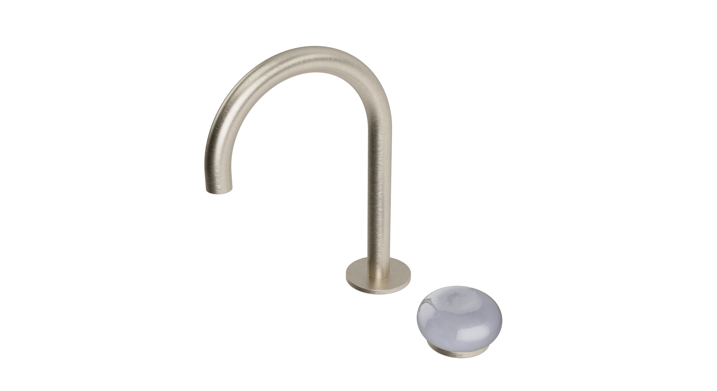 Foundry One Handle Deck Mount Gooseneck Lavatory Faucet with Pebble Ceramic Knob Handle in Satin Nickel