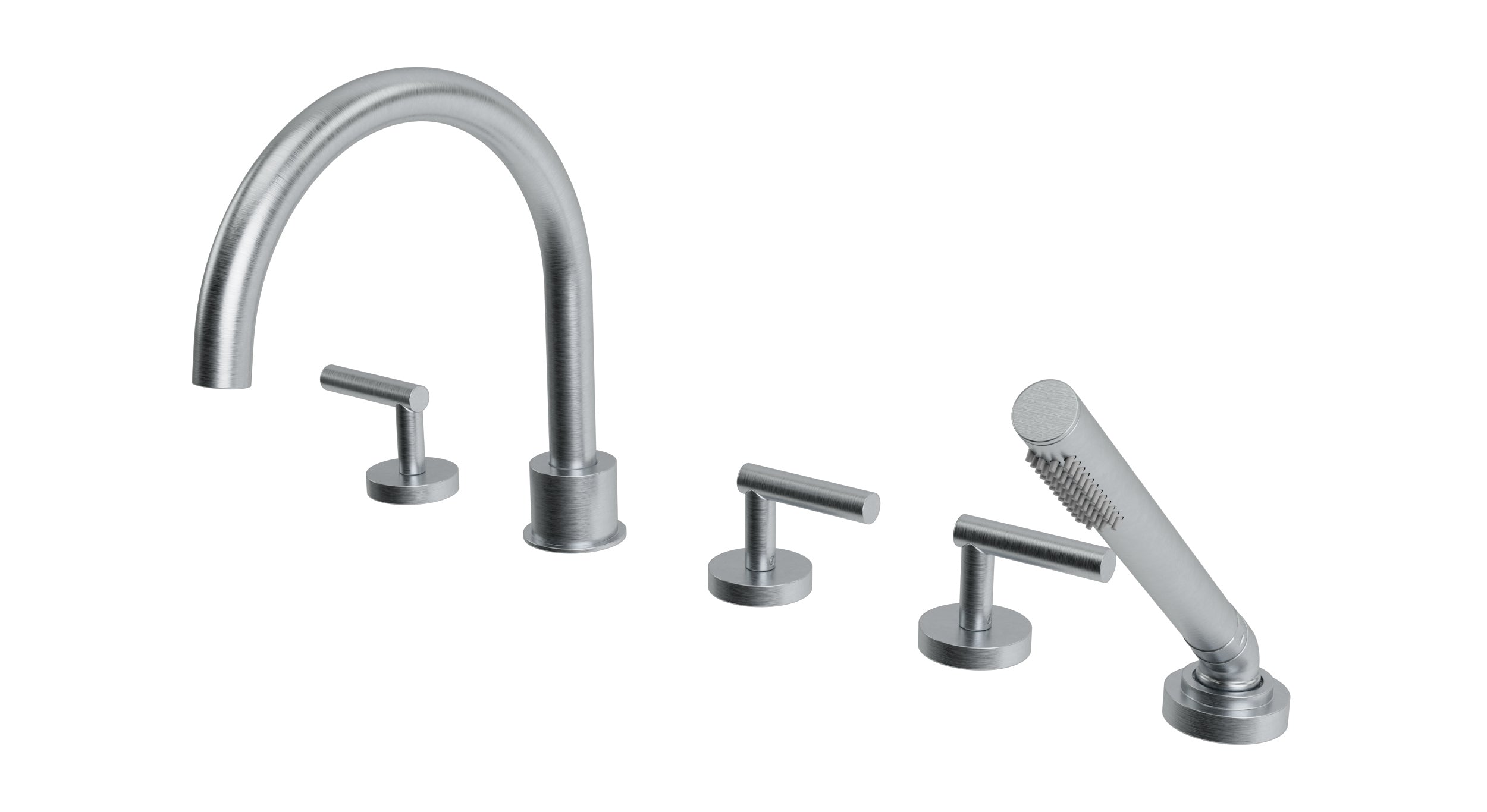 Contour Three Handle Deck Mount Gooseneck Bath Trim with Hand Shower and Soft Lever Handles in Satin Chrome