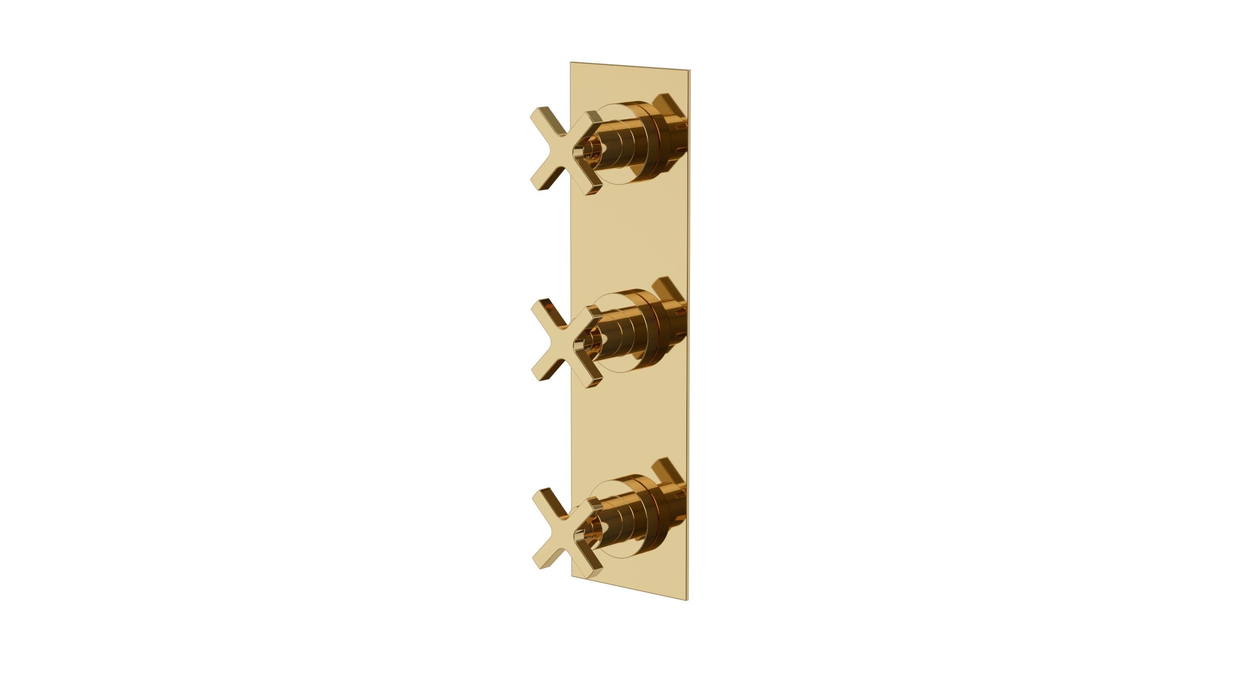 Flatiron Three Handle Wall Mount Shower Trim with Linear Cross Handles in Polished Brass