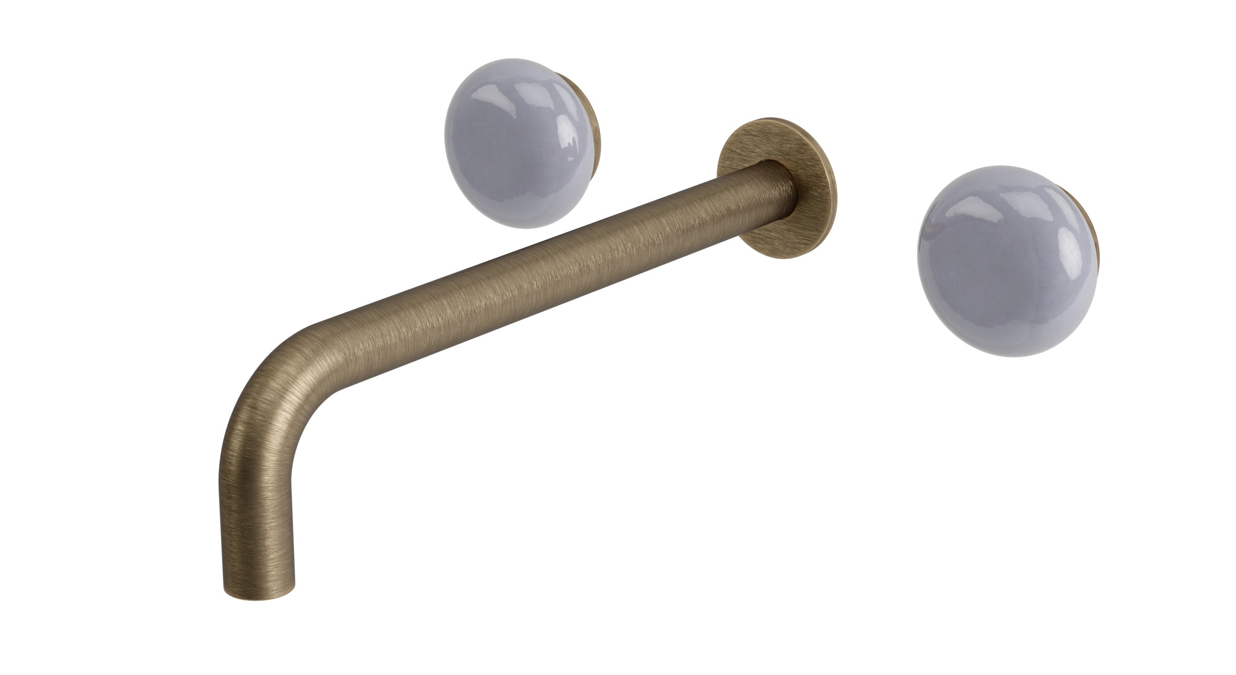 Foundry Two Handle Wall Mount 10" Lavatory Faucet with Pebble Ceramic Knob Handles in Antique Brass