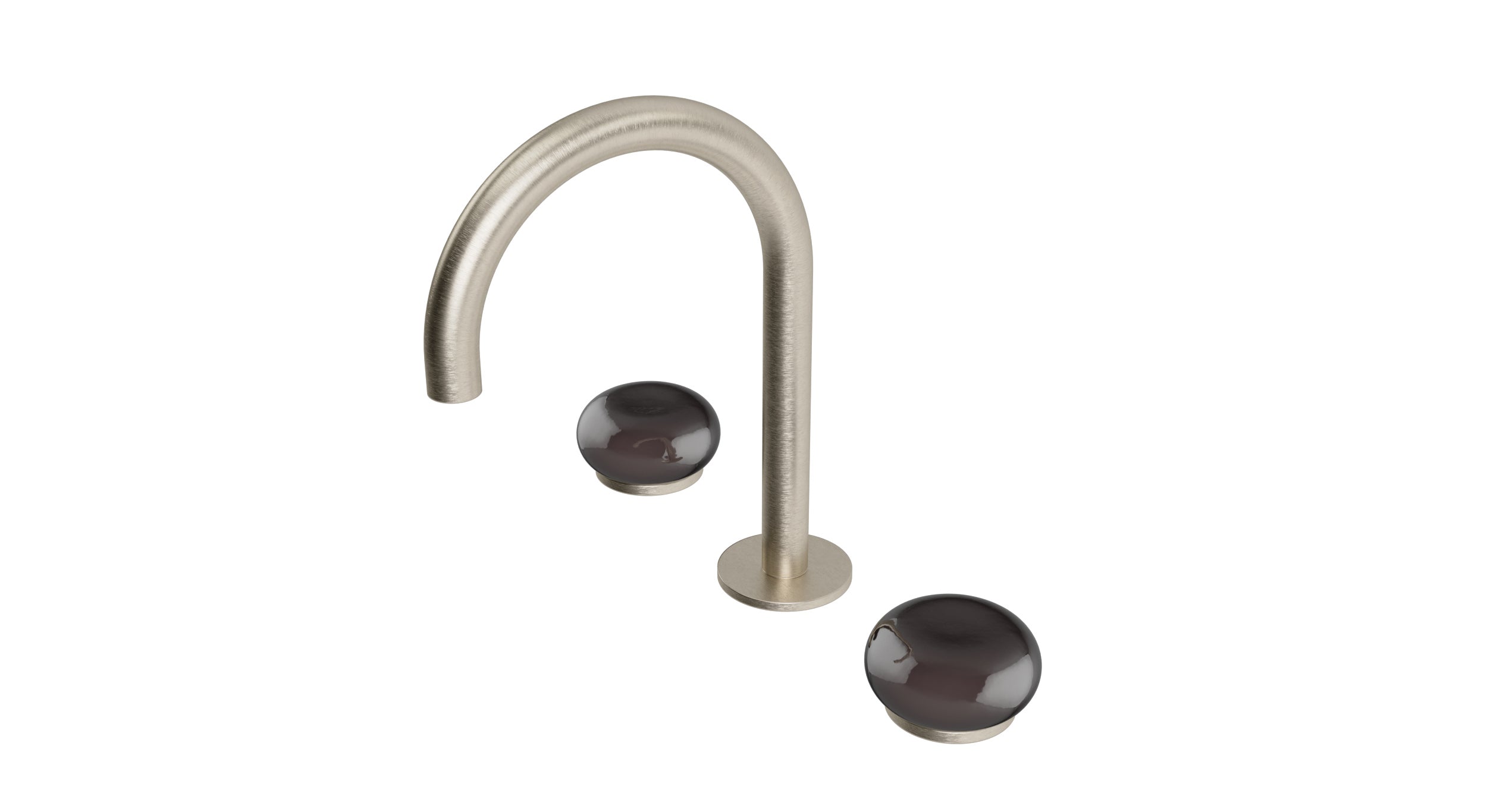 Foundry Two Handle Deck Mount Gooseneck Lavatory Faucet with Pebble Ceramic Knob Handles in Satin Nickel