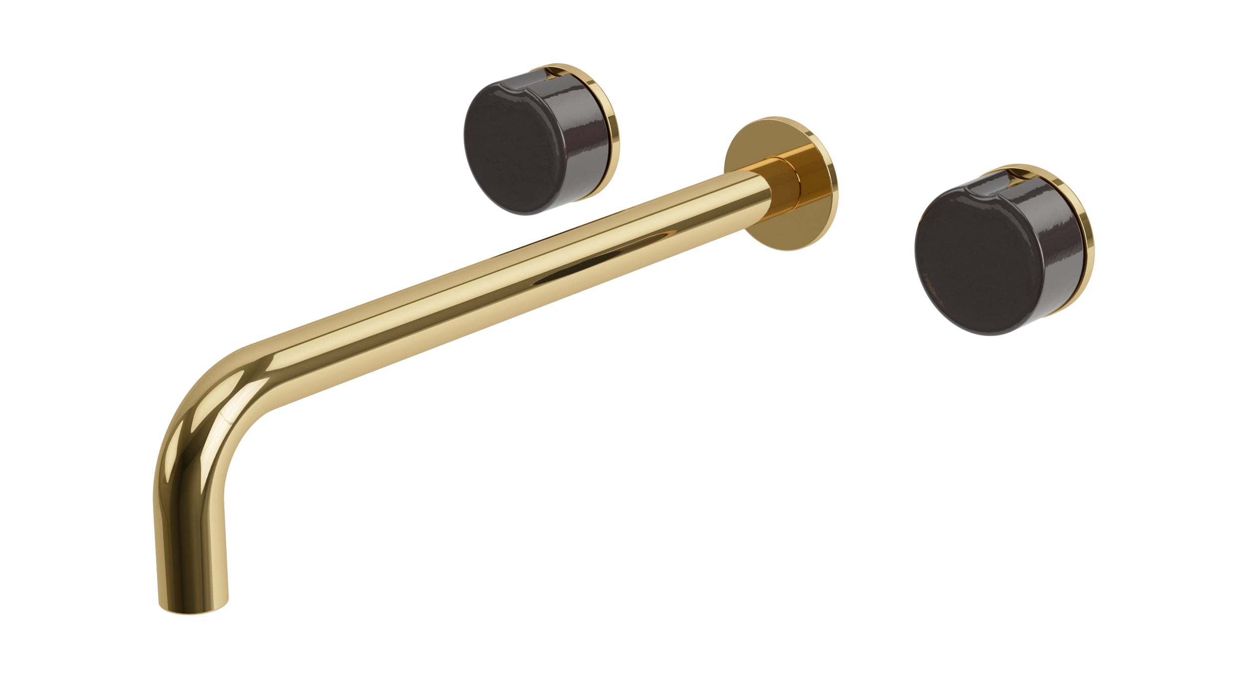 Foundry Two Handle Wall Mount 12" Lavatory Faucet with Groove Ceramic Knob Handles in Polished Brass