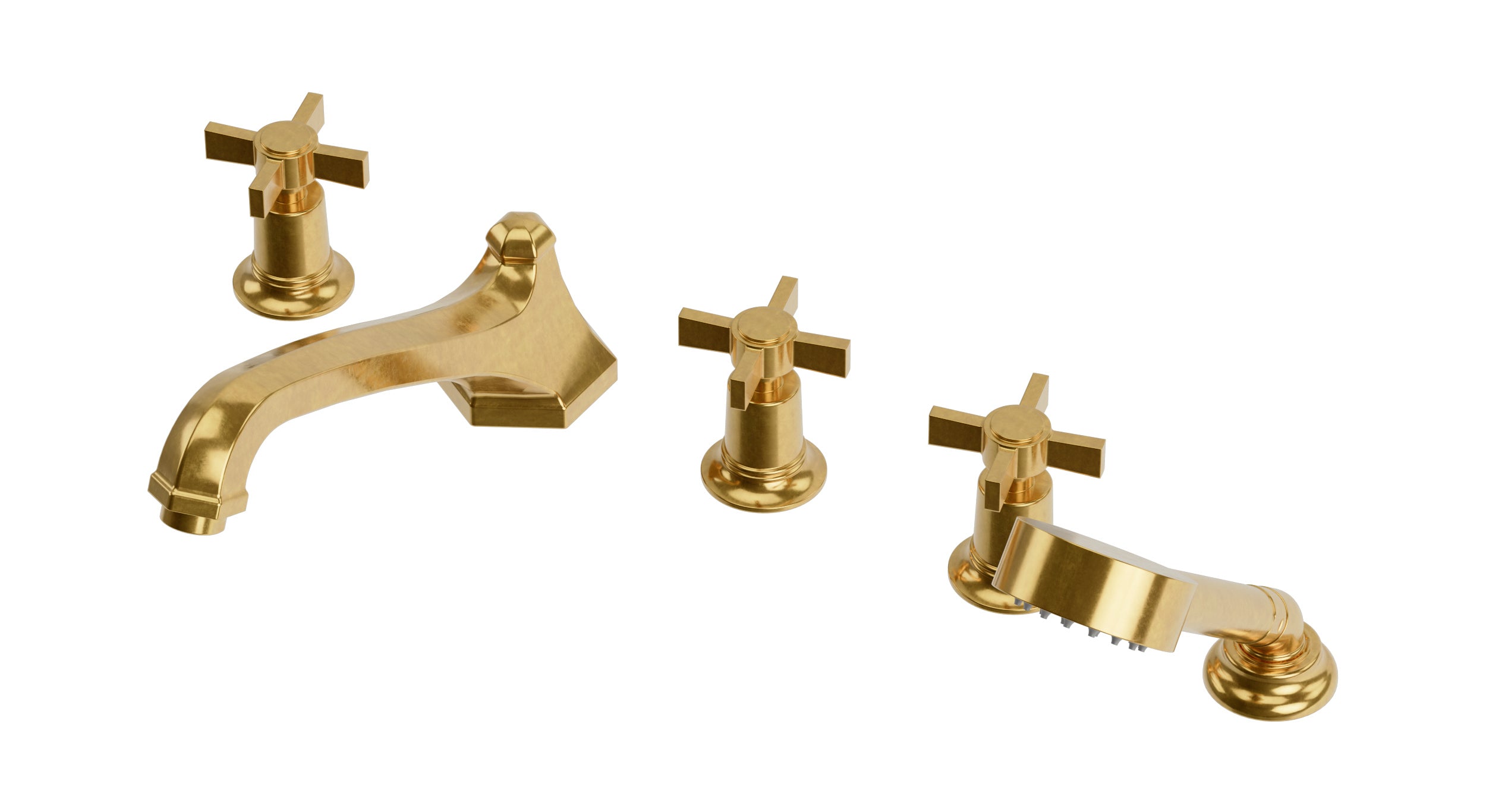 Emerson Three Handle Deck Mount Low Hexagon Bath Trim with Hand Shower and Defined Cross Handles in French Brass