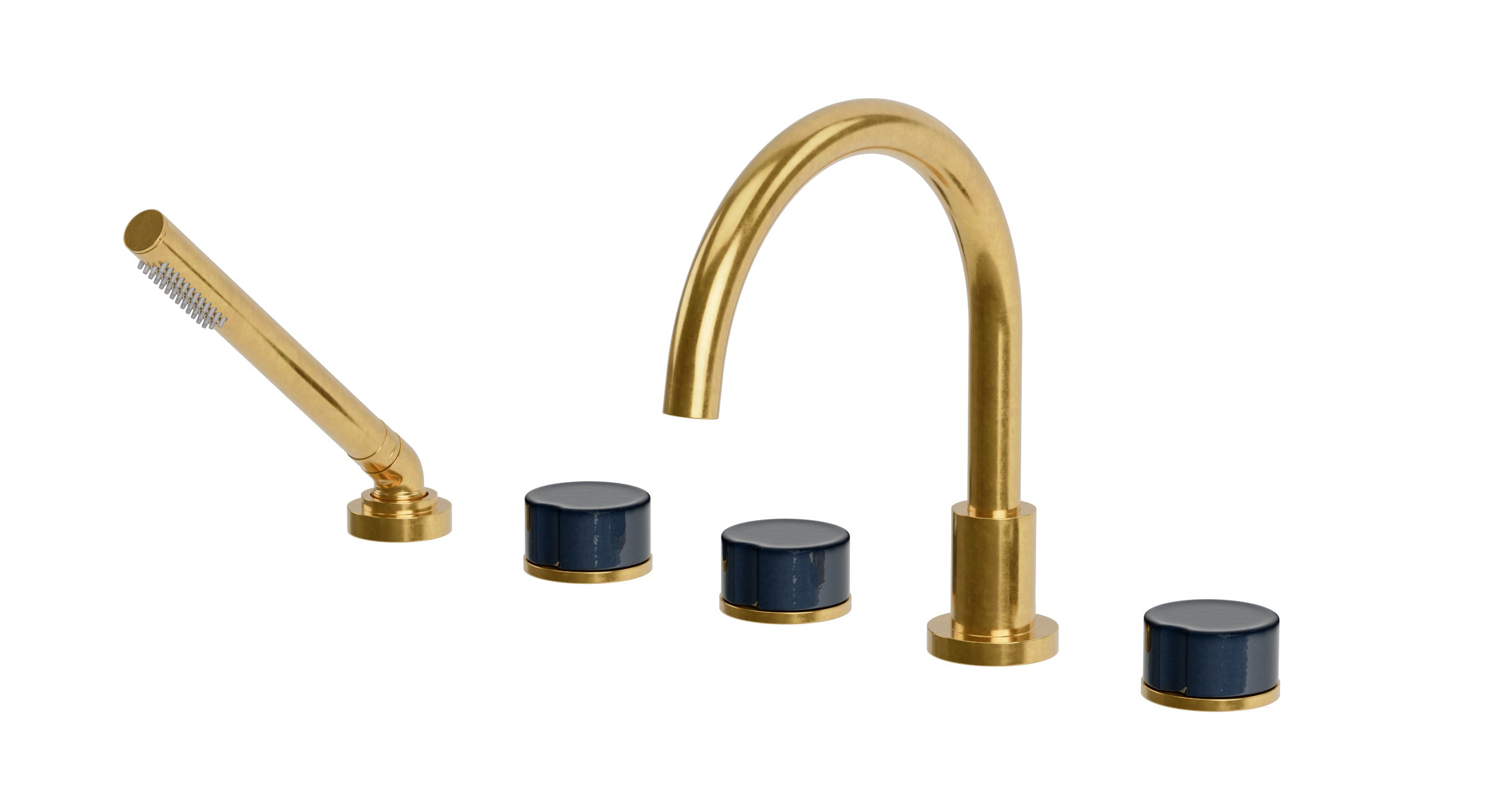 Foundry Three Handle Deck Mount Gooseneck Bath Trim with Hand Shower and Groove Ceramic Knob Handles in French Brass