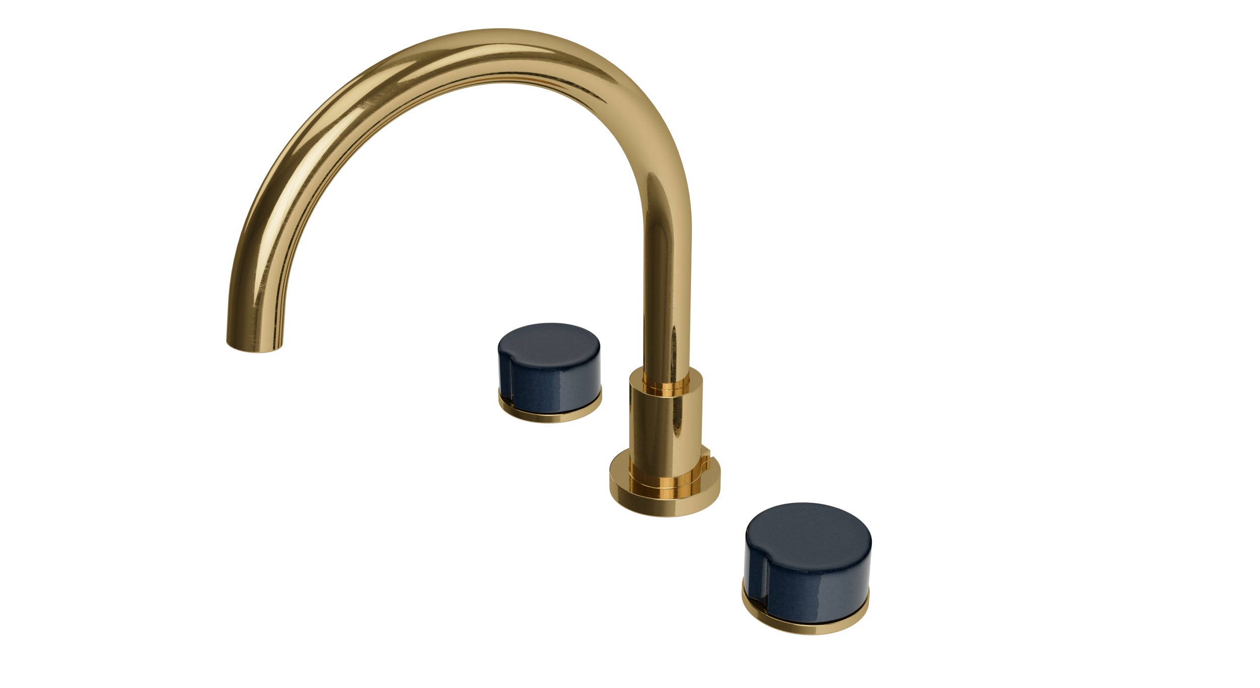 Foundry Two Handle Deck Mount Gooseneck Bath Trim with Groove Ceramic Knob Handles in Uncoated Polished Brass