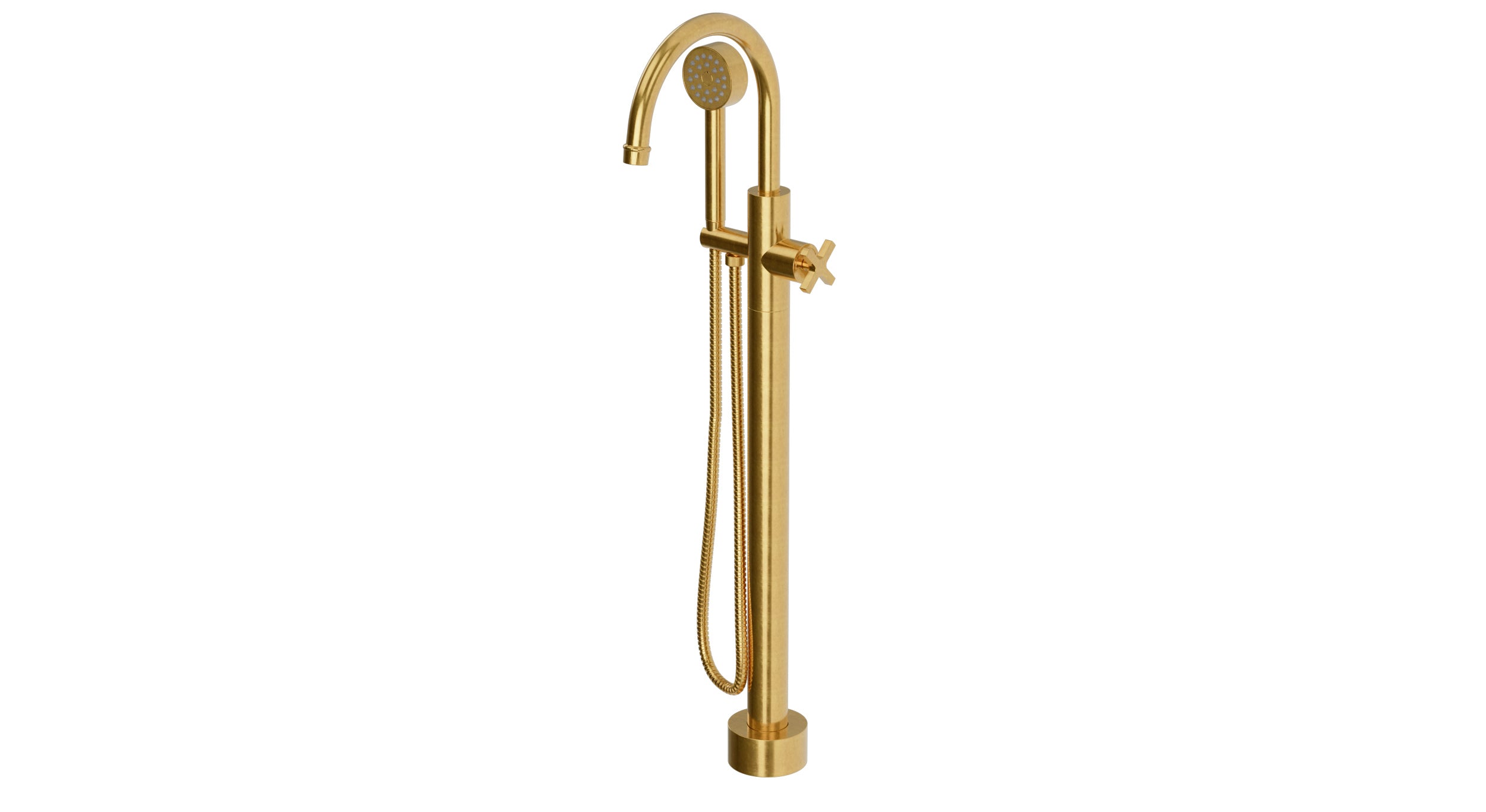 Emerson One Handle Floor Mount Gooseneck Bath Trim with Hand Shower and Classic Cross Handle in French Brass
