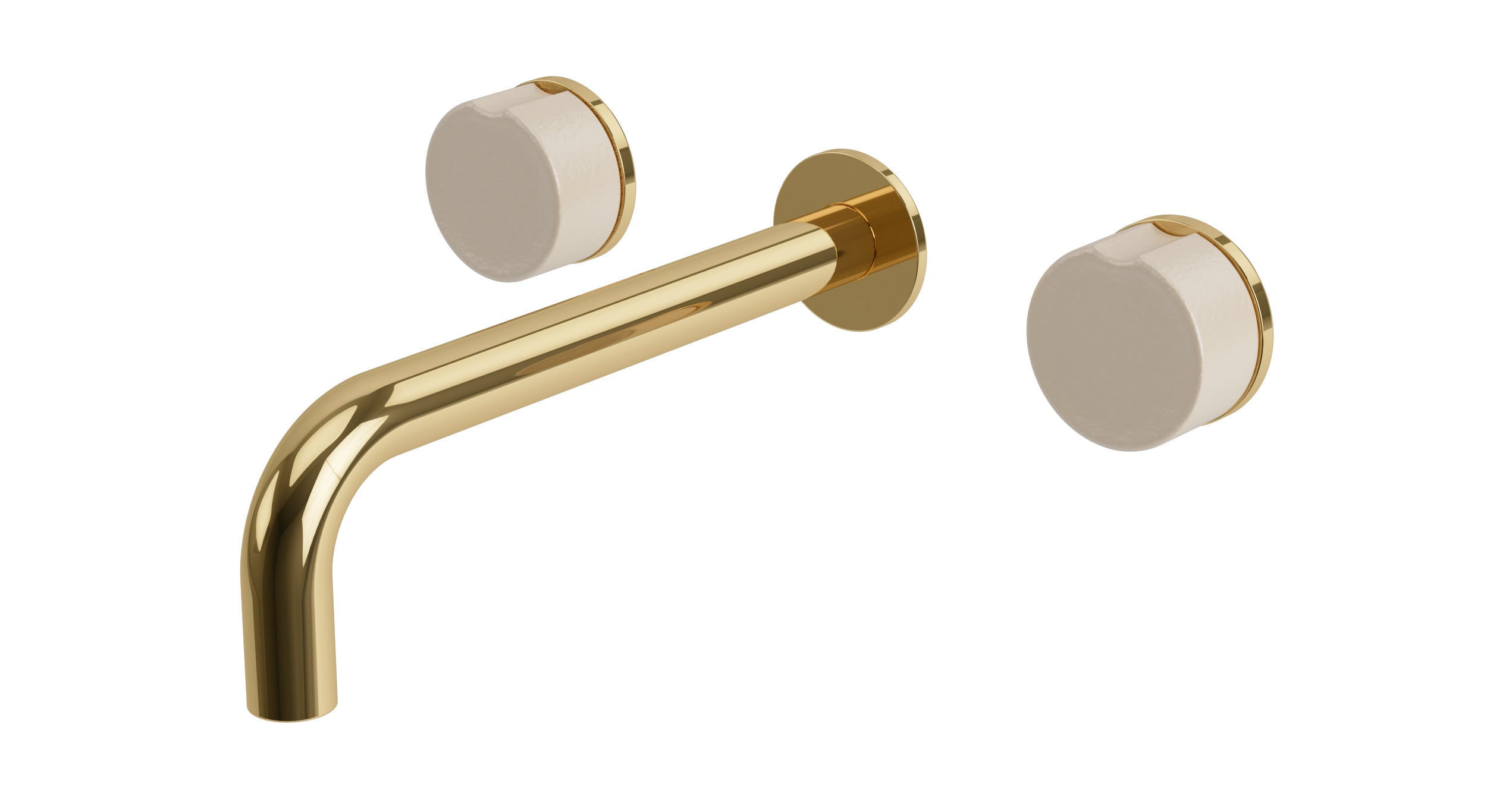 Foundry Two Handle Wall Mount 7.5" Lavatory Faucet with Groove Ceramic Knob Handles in Polished Brass
