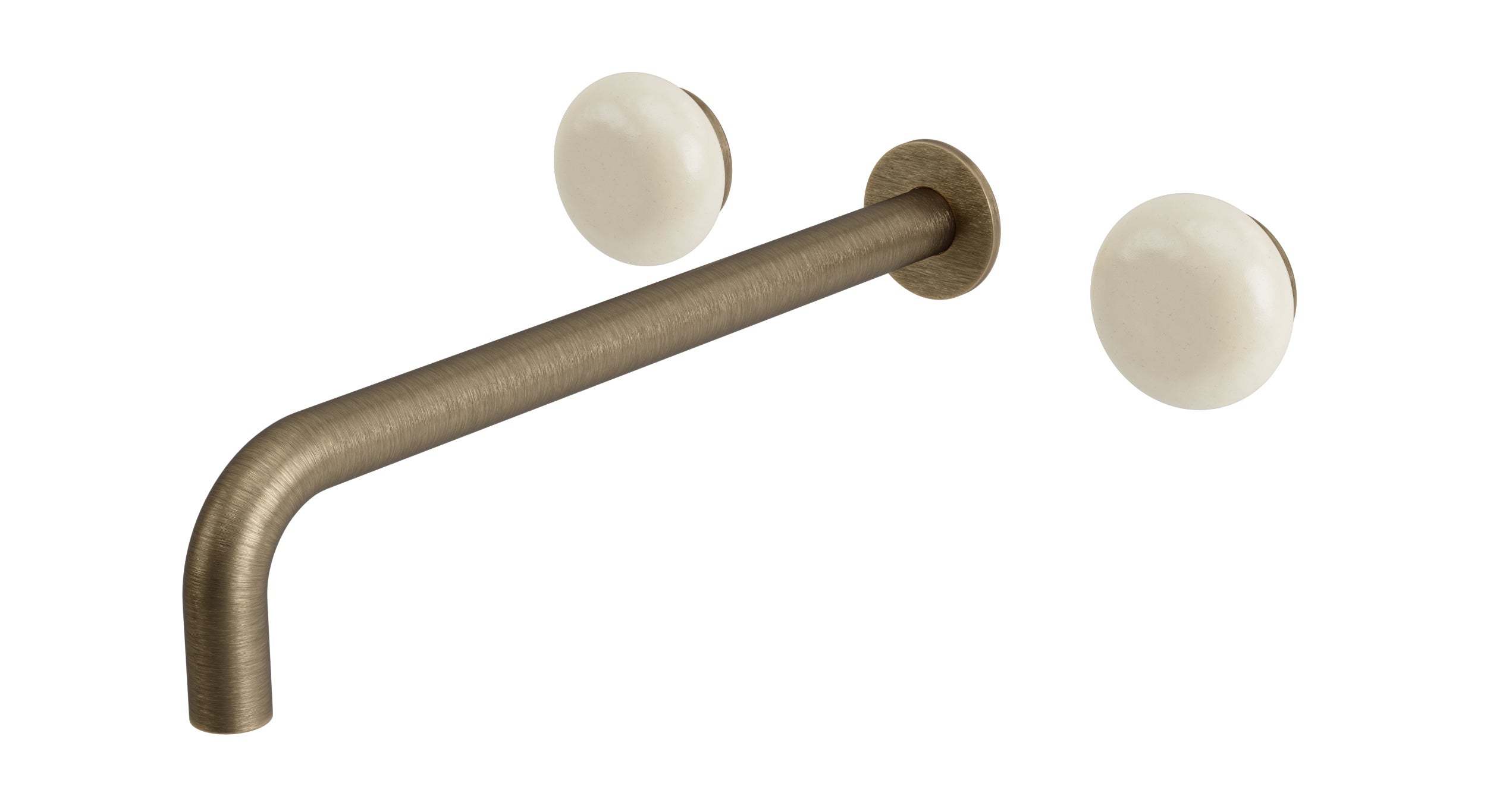 Foundry Two Handle Wall Mount 12" Lavatory Faucet with Pebble Ceramic Knob Handles in Antique Brass