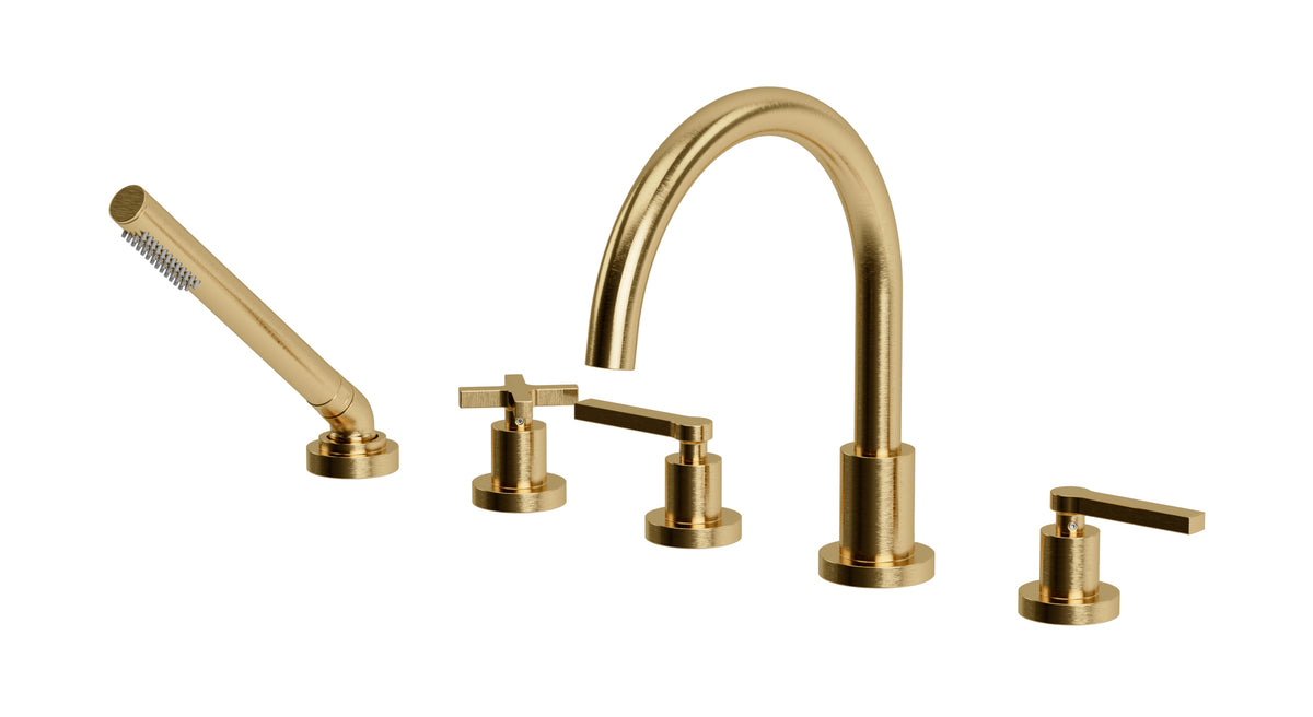 Flatiron Three Handle Deck Mount Gooseneck Bath Trim with Hand Shower and Linear Cross/Linear Lever Handles in Satin Brass