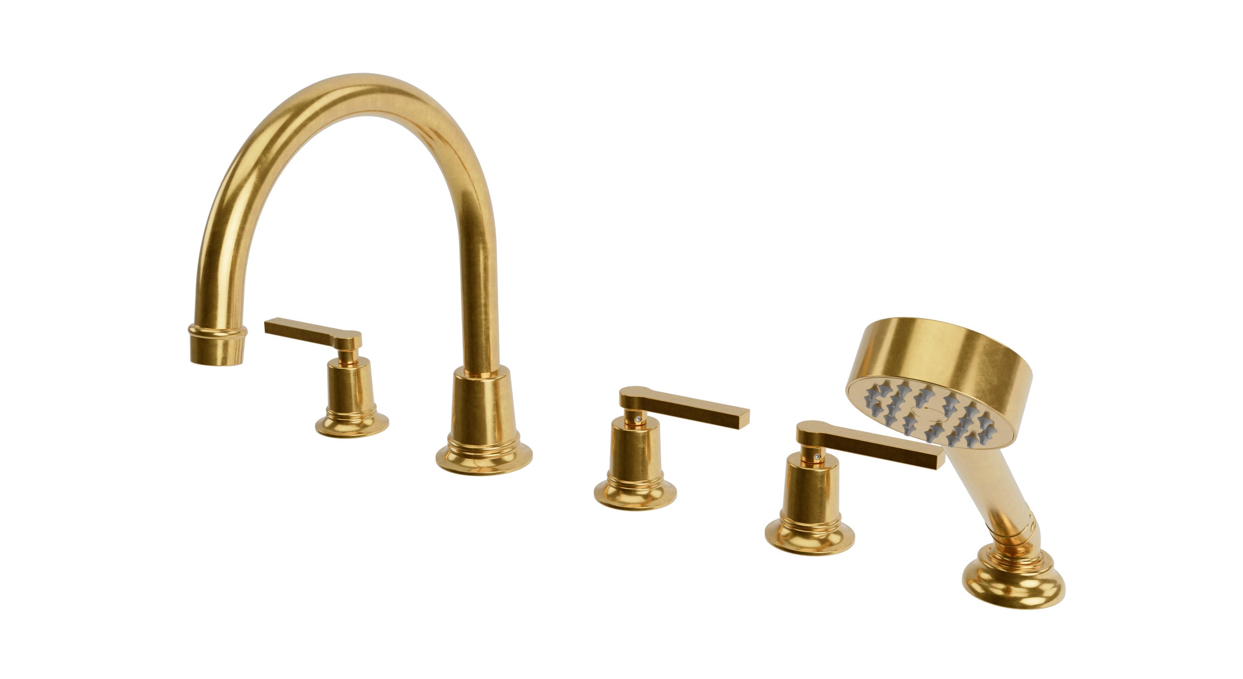 Emerson Three Handle Deck Mount Gooseneck Bath Trim with Hand Shower and Classic Lever Handles in French Brass