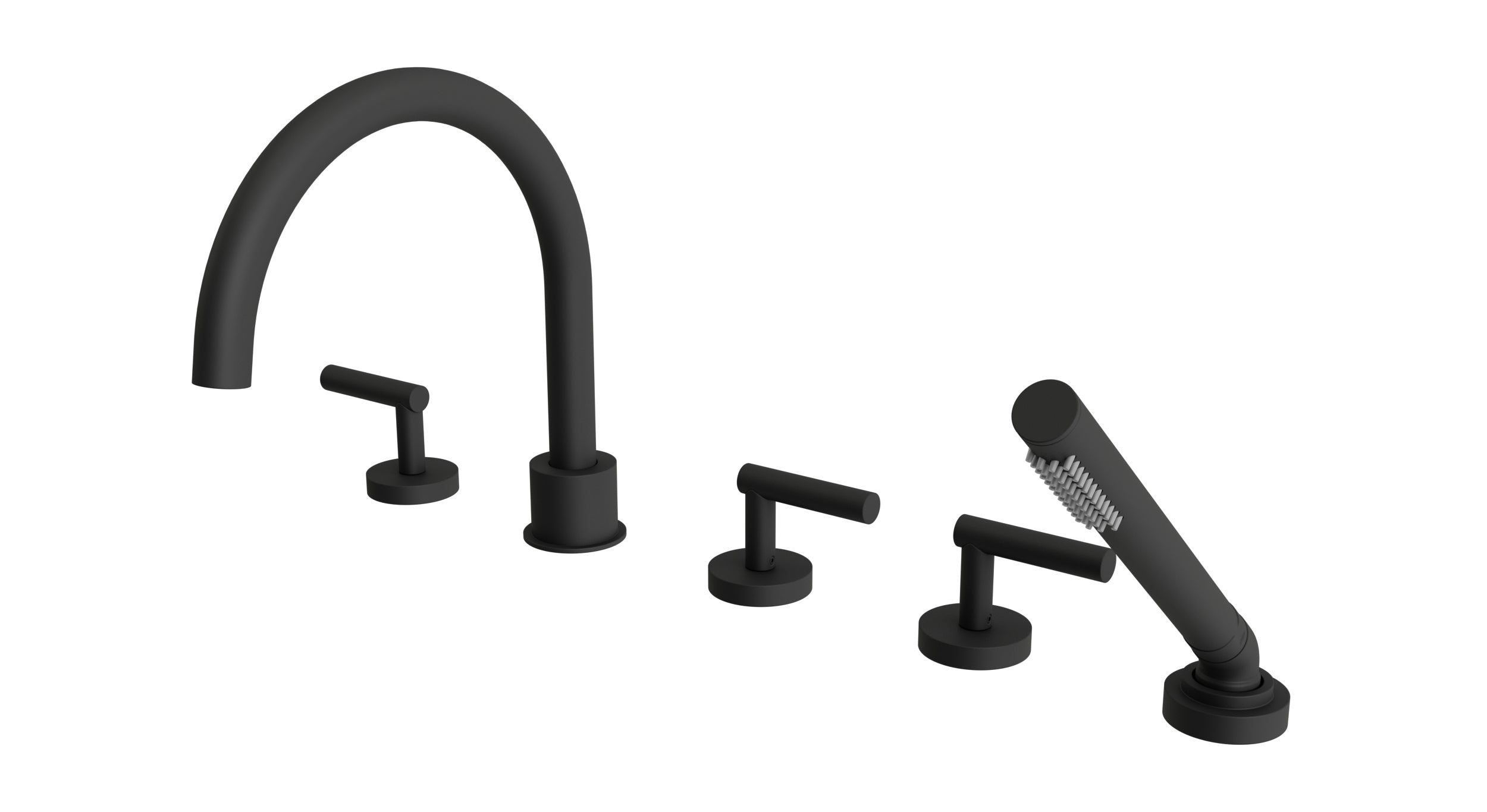 Contour Three Handle Deck Mount Gooseneck Bath Trim with Hand Shower and Soft Lever Handles in Matte Black