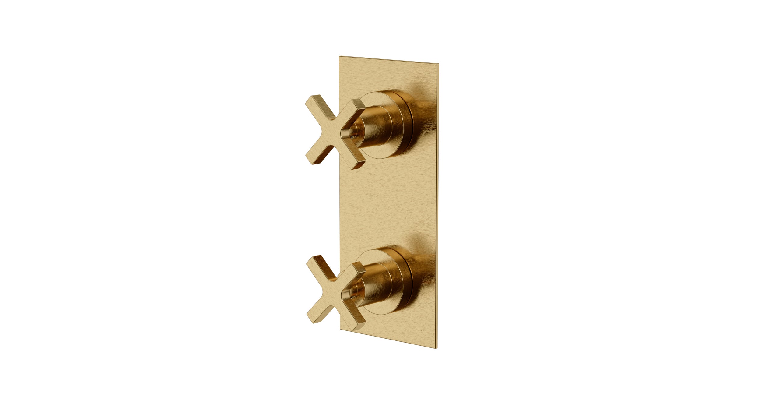 Flatiron Two Handle Wall Mount Shower Trim with Linear Cross Handles in Satin Brass