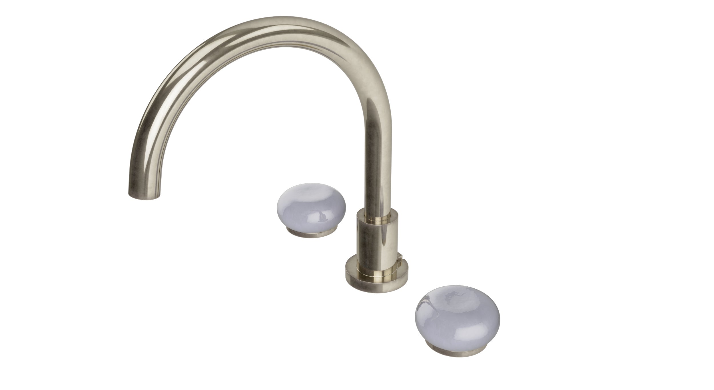 Foundry Two Handle Deck Mount Gooseneck Bath Trim with Pebble Ceramic Knob Handles in French Nickel