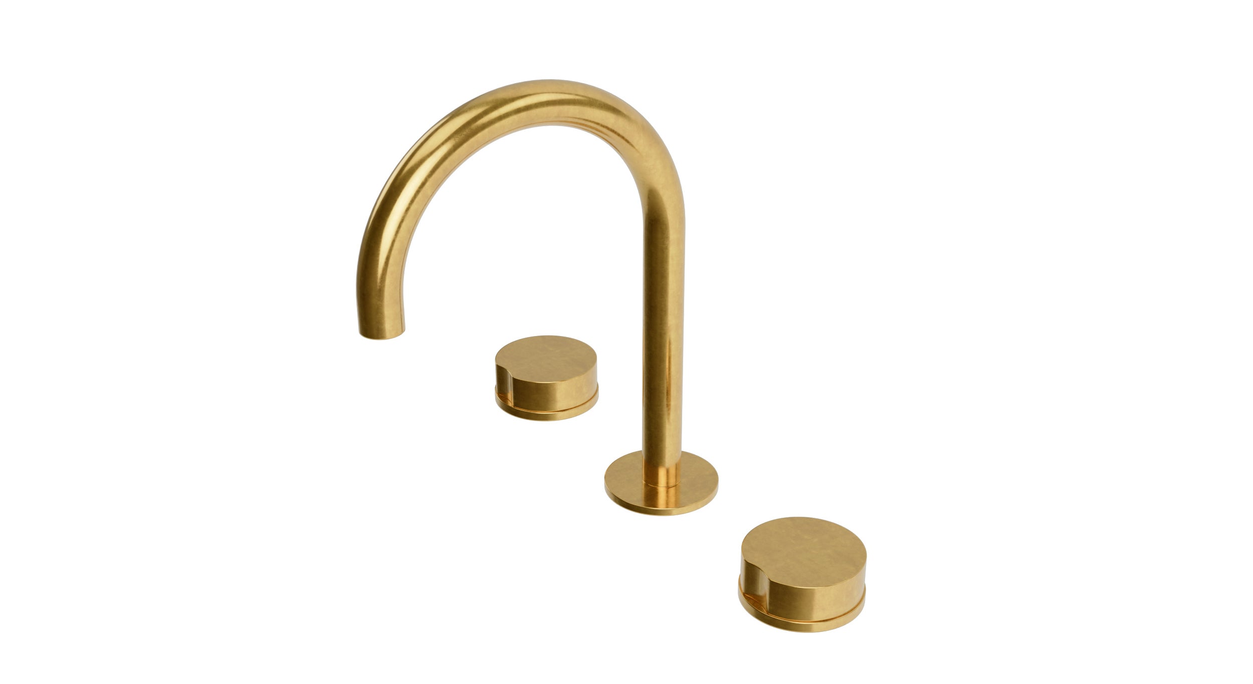 Foundry Two Handle Deck Mount Gooseneck Lavatory Faucet with Barrel Knob Handles in French Brass