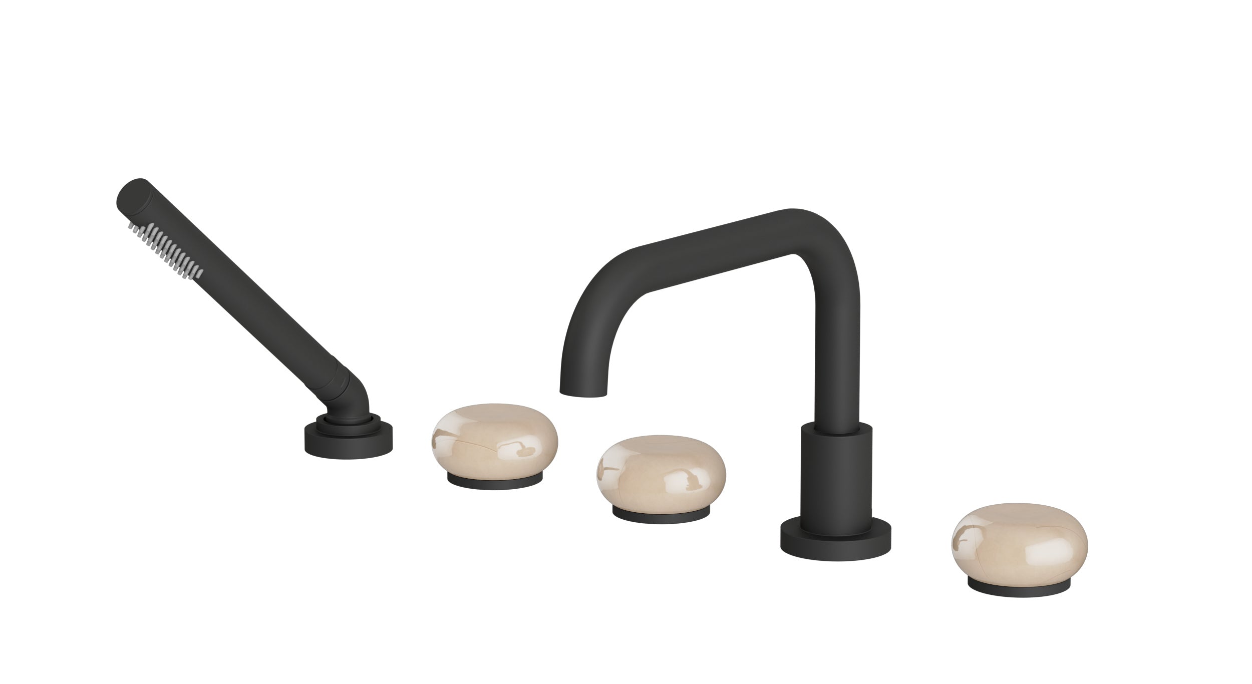 Foundry Three Handle Deck Mount Squaretop Bath Trim with Hand Shower and Pebble Ceramic Knob Handles in Matte Black
