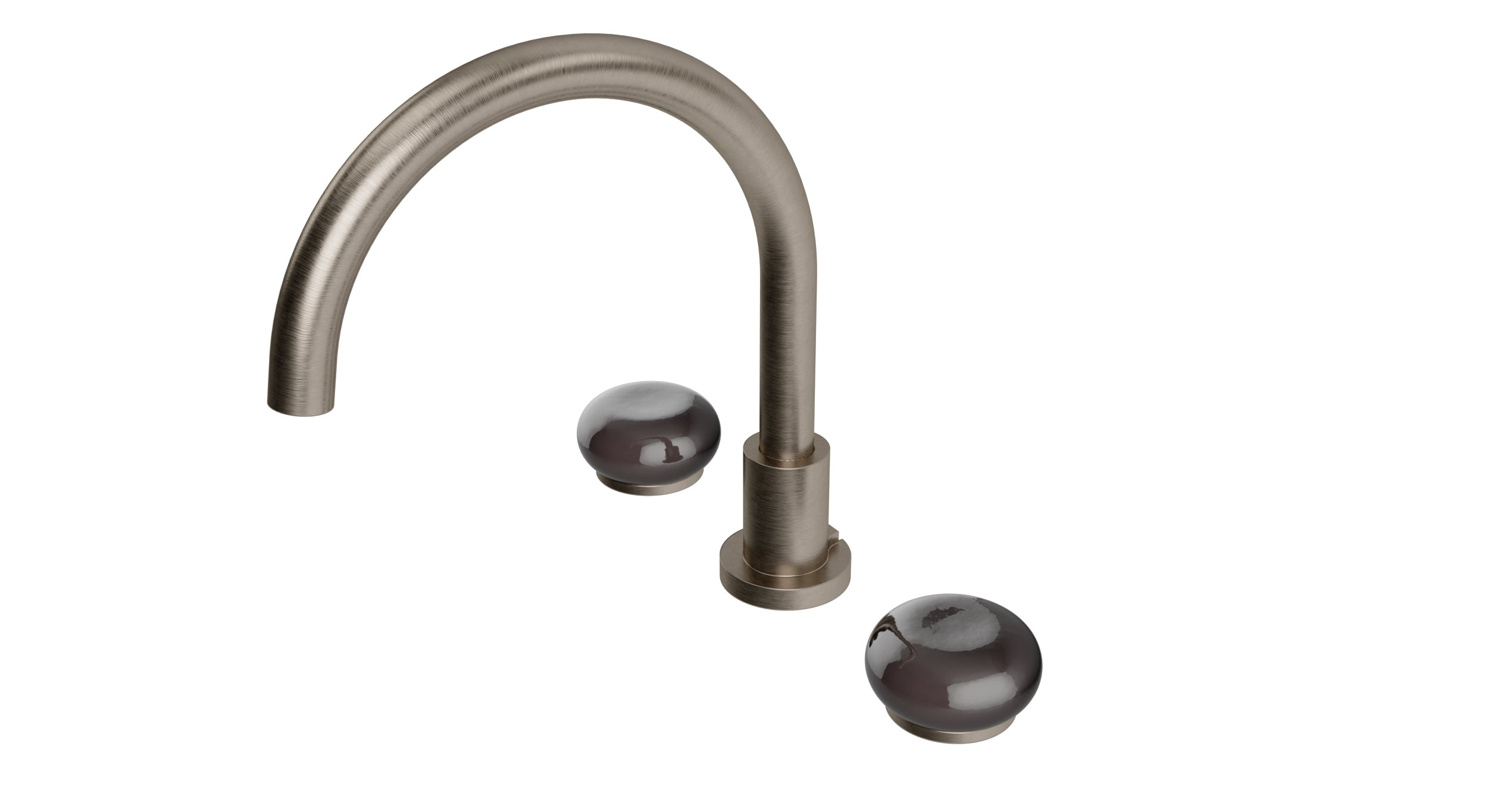Foundry Two Handle Deck Mount Gooseneck Bath Trim with Pebble Ceramic Knob Handles in Antique Nickel