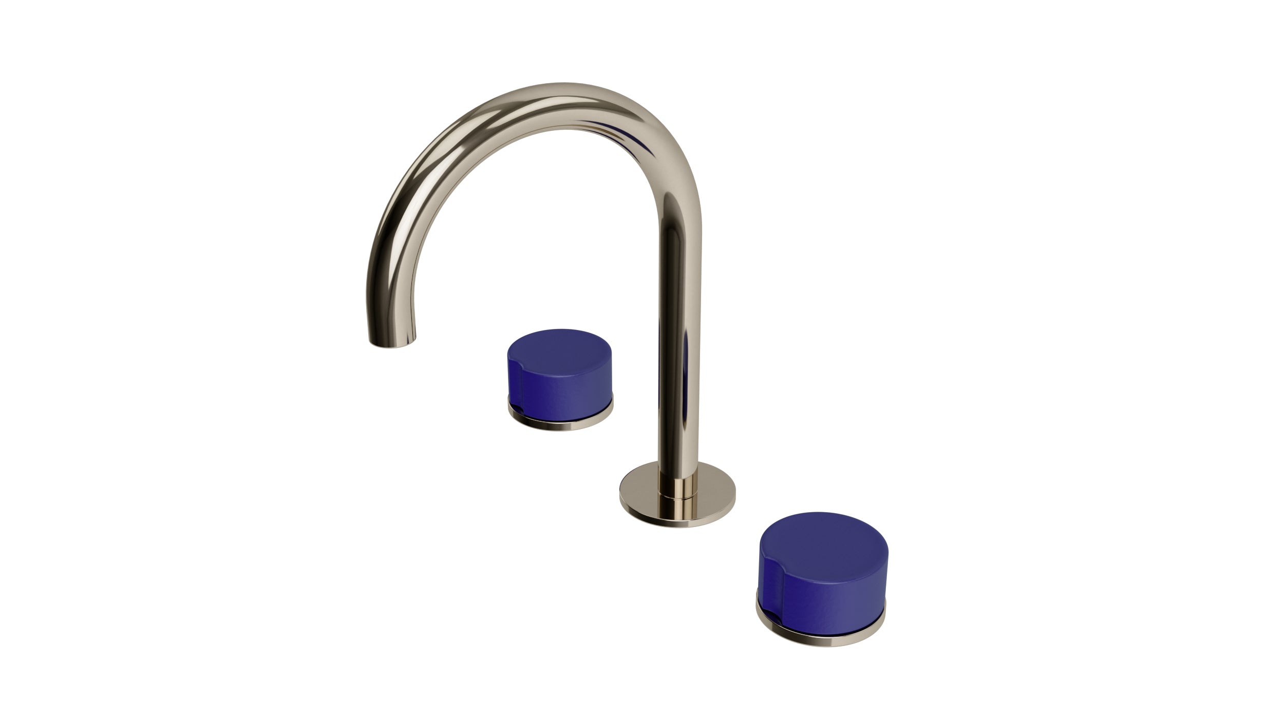 Foundry Two Handle Deck Mount Gooseneck Lavatory Faucet with Groove Ceramic Knob Handles in Polished Nickel