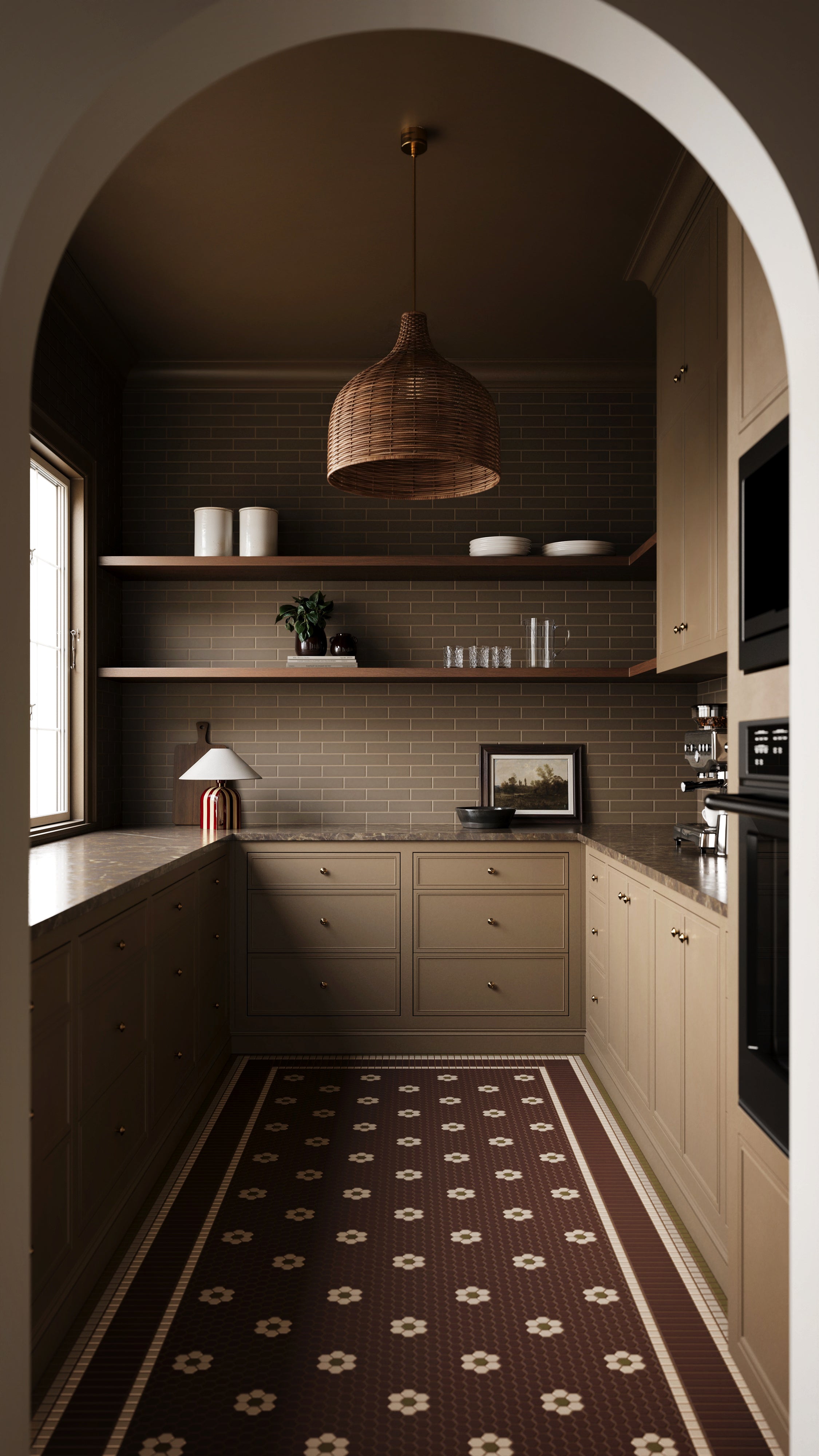 1" Hexagon Double Daisy Sheeted Original Ceramic Tile in Garnet Matte, Sand Dune Matte & Chaparral Matte