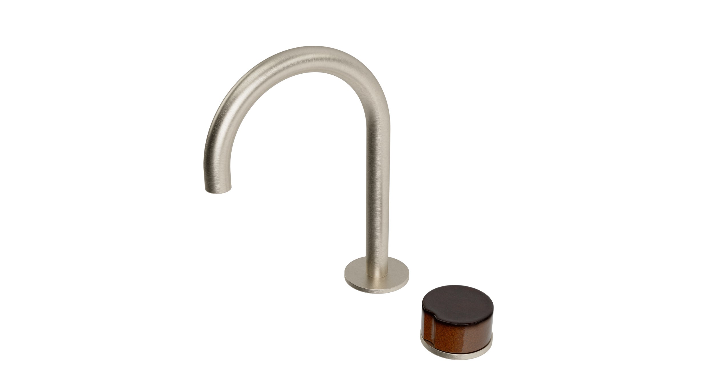 Foundry One Handle Deck Mount Gooseneck Lavatory Faucet with Groove Ceramic Knob Handle in Satin Nickel