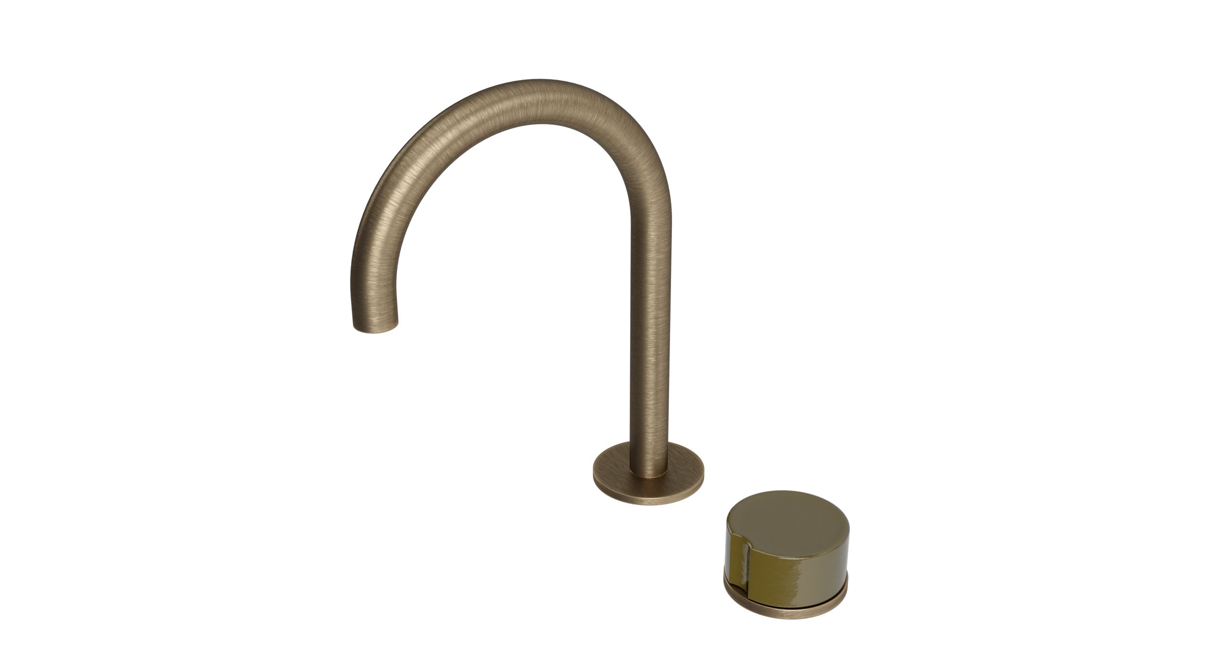 Foundry One Handle Deck Mount Gooseneck Lavatory Faucet with Groove Ceramic Knob Handle in Antique Brass