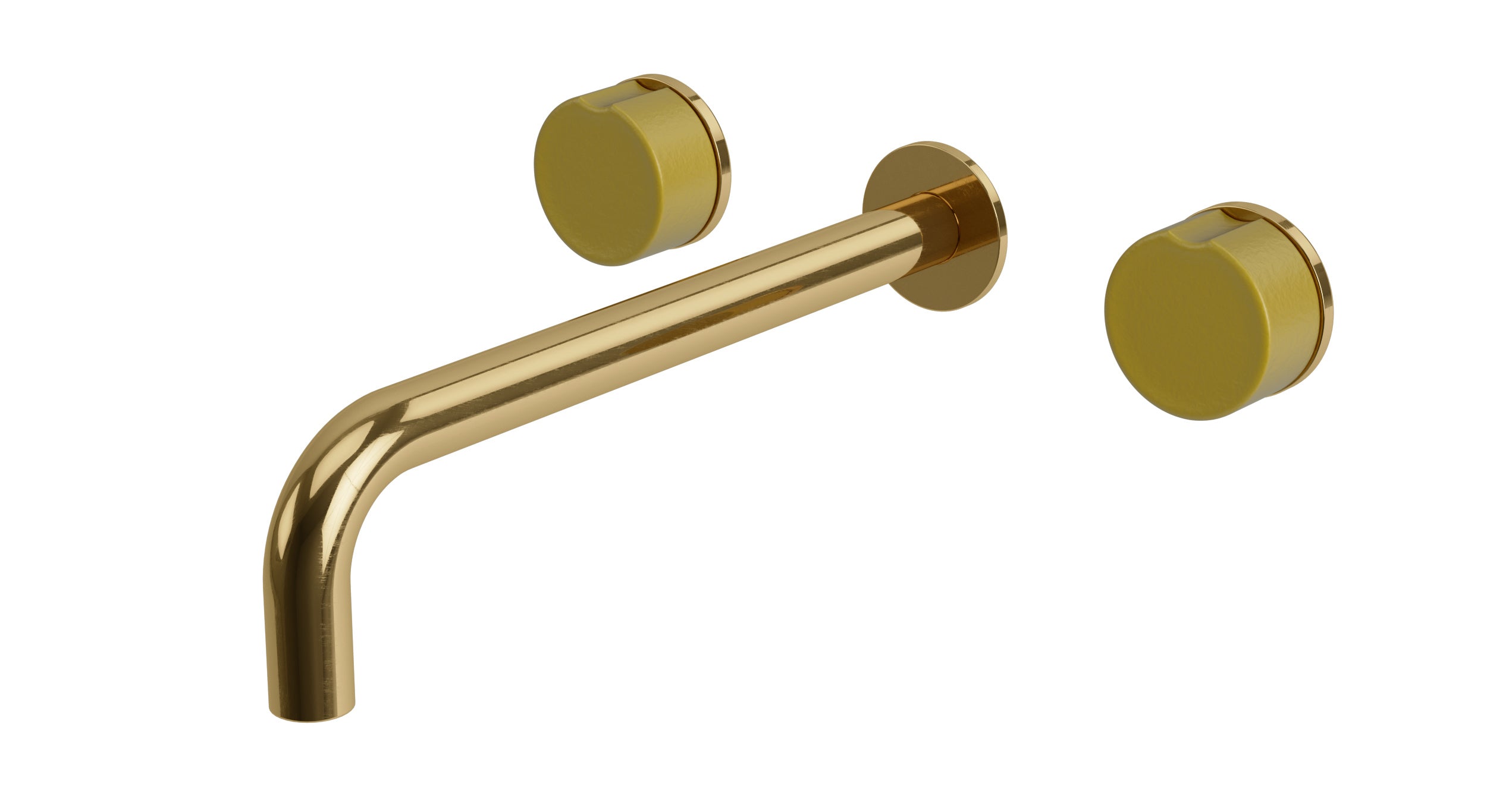 Foundry Two Handle Wall Mount 10" Lavatory Faucet with Groove Ceramic Knob Handles in Uncoated Polished Brass
