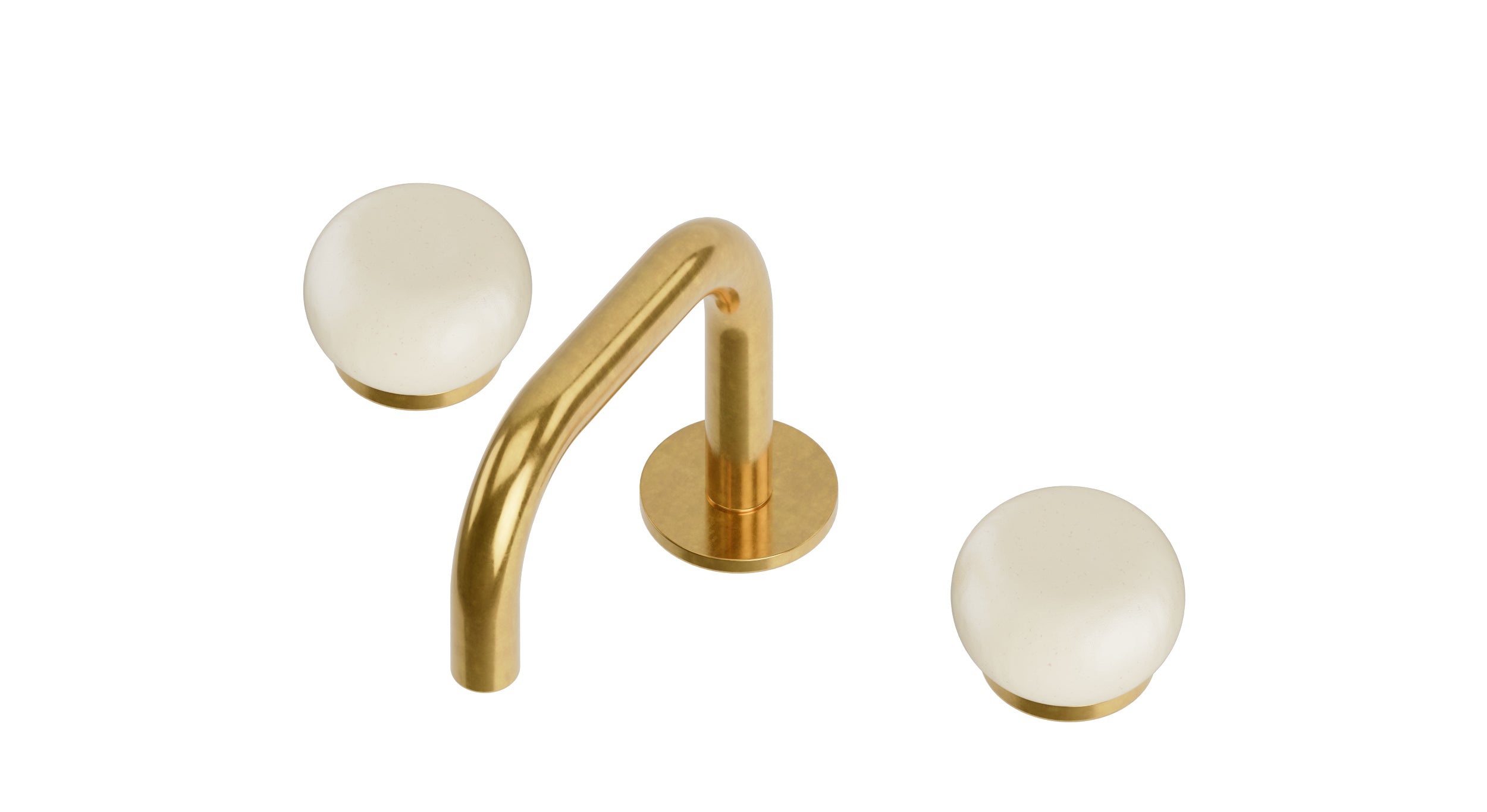 Foundry Two Handle Deck Mount Squaretop Lavatory Faucet with Pebble Ceramic Knob Handles in French Brass