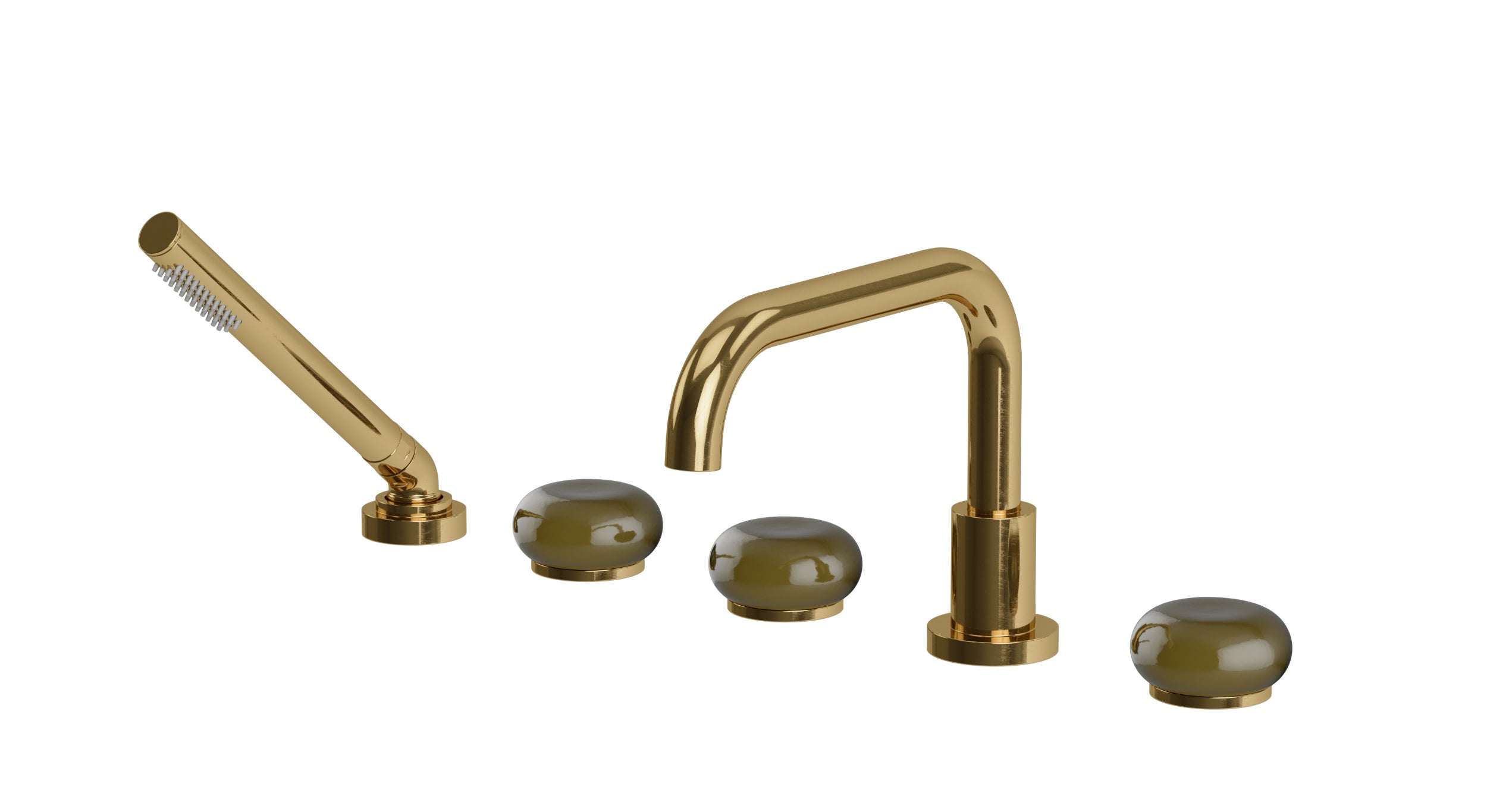 Foundry Three Handle Deck Mount Squaretop Bath Trim with Hand Shower and Pebble Ceramic Knob Handles in Uncoated Polished Brass
