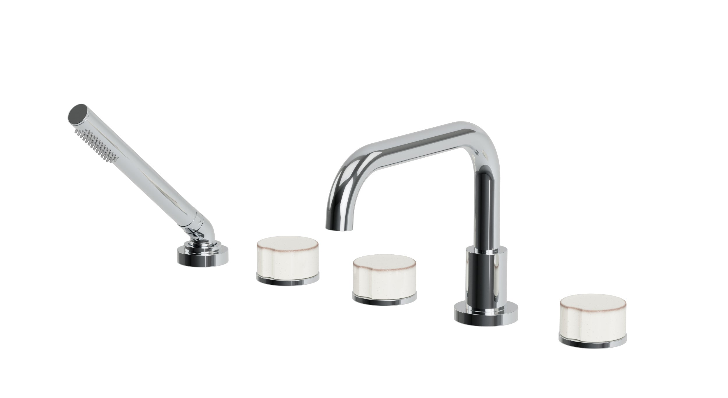 Foundry Three Handle Deck Mount Squaretop Bath Trim with Hand Shower and Groove Ceramic Knob Handles in Polished Chrome