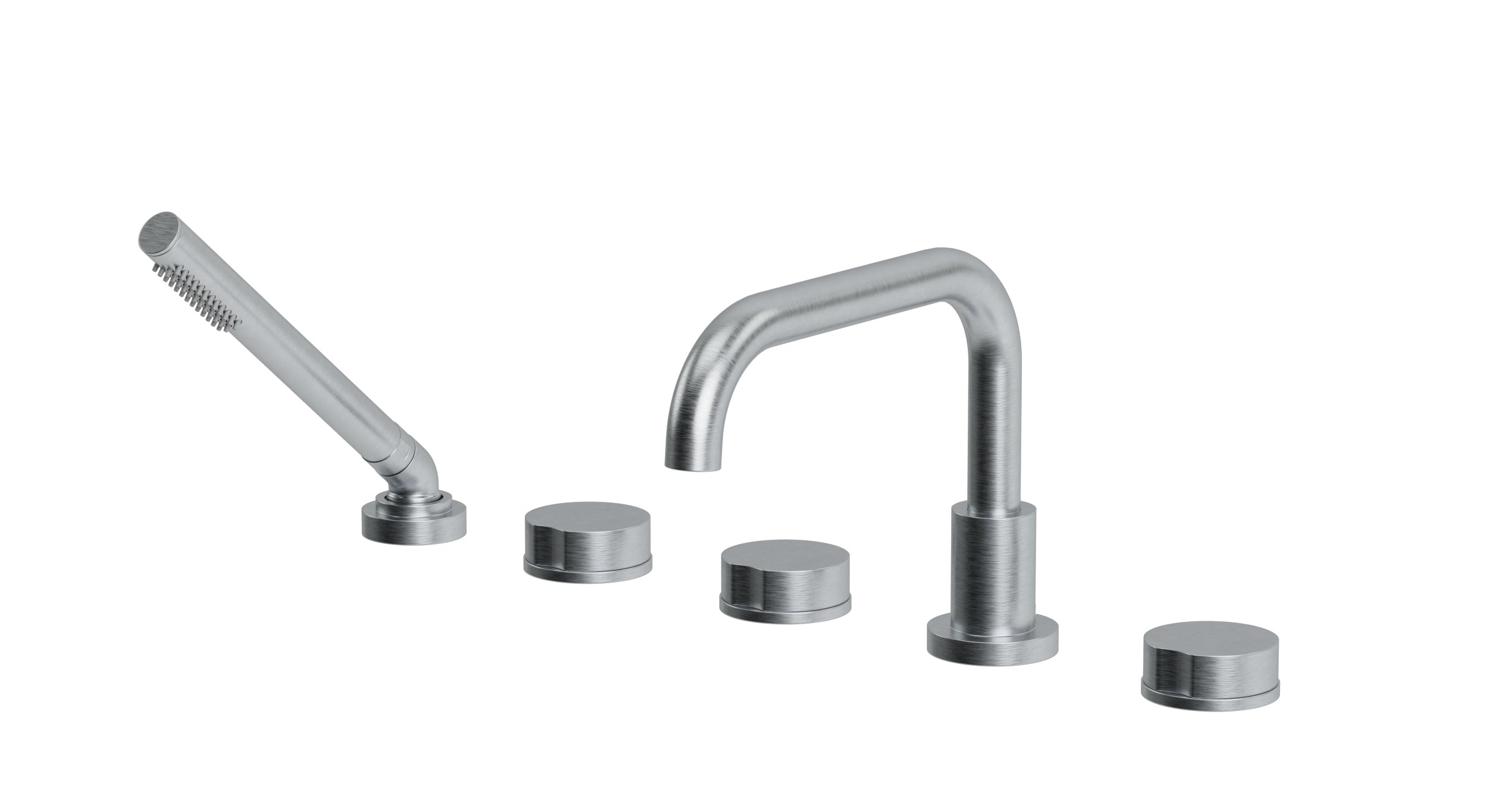 Foundry Three Handle Deck Mount Squaretop Bath Trim with Hand Shower and Circle Knob Handles in Satin Chrome