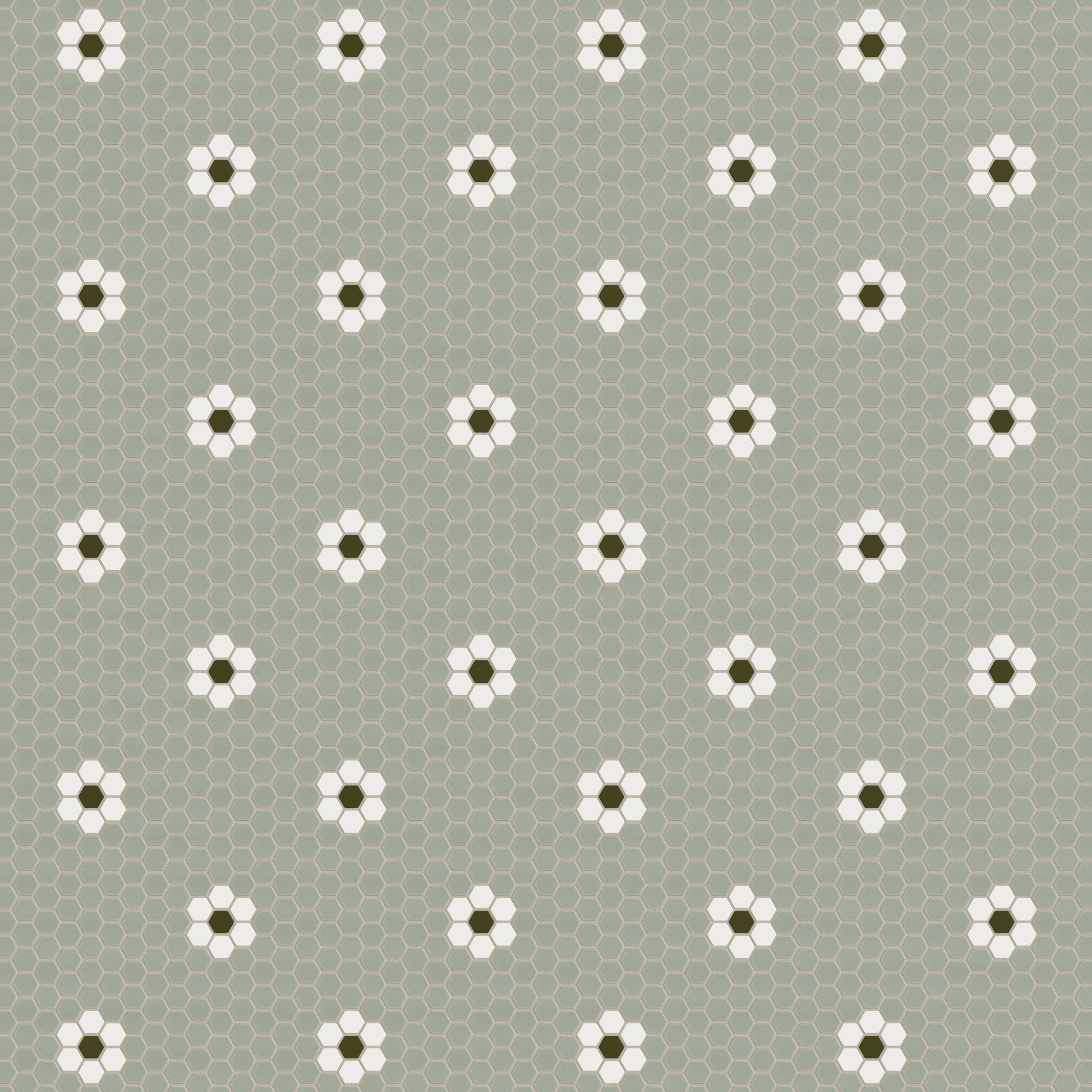 1" Hexagon Double Daisy Sheeted Original Ceramic Tile in Rosemary Matte, Calcite Matte & Bonsai Matte