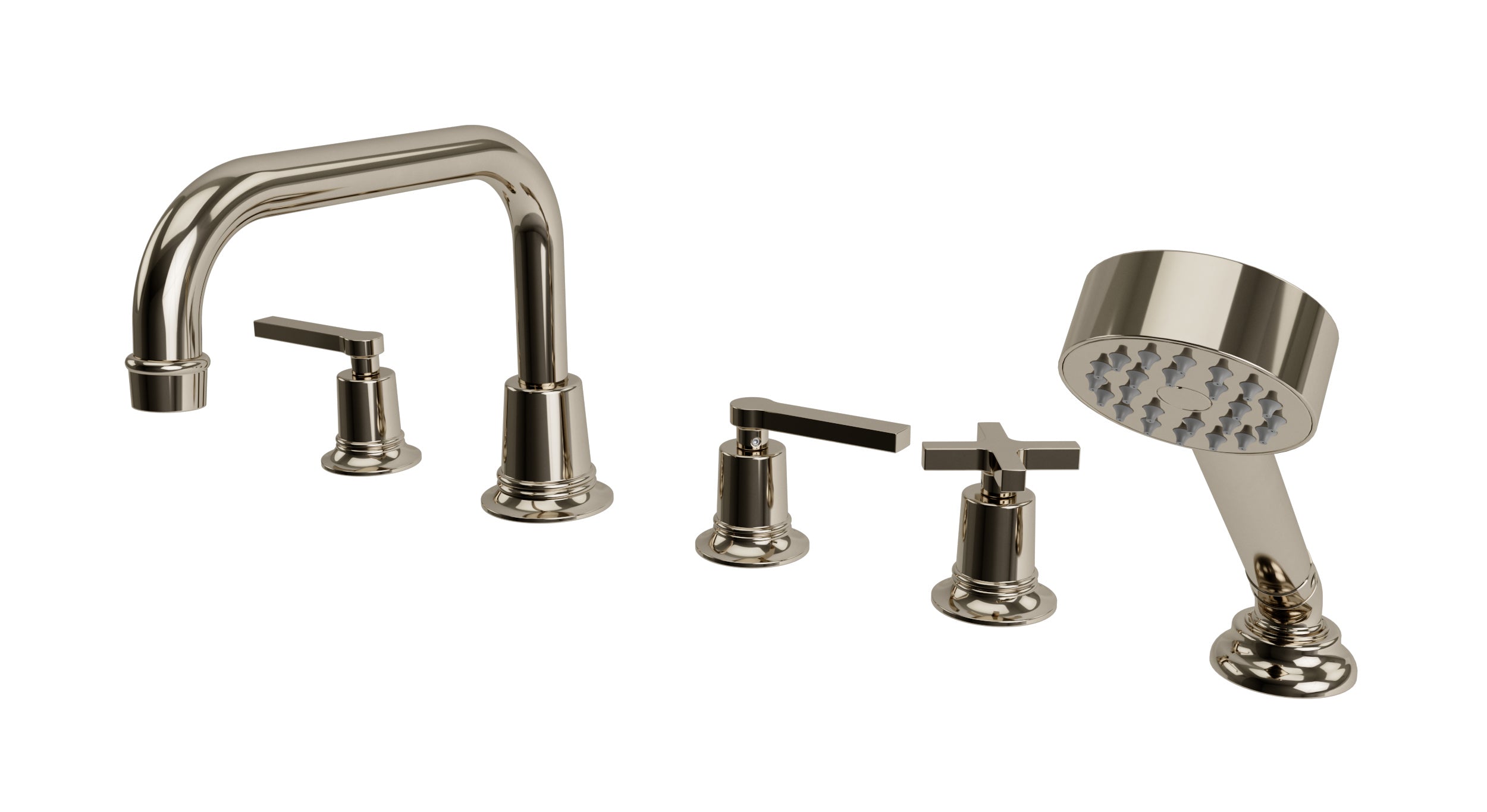 Emerson Three Handle Deck Mount Squaretop Bath Trim with Hand Shower and Classic Cross/Classic Lever Handles