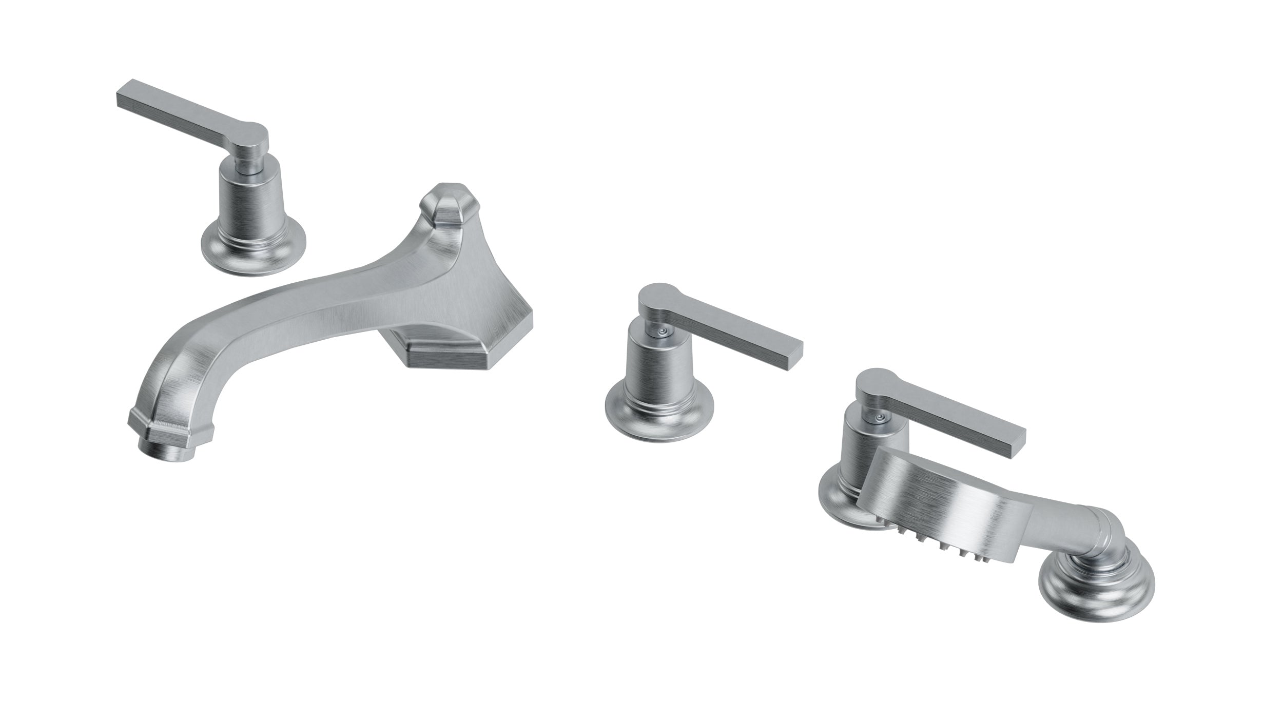 Emerson Three Handle Deck Mount Low Hexagon Bath Trim with Hand Shower and Classic Lever Handles in Satin Chrome