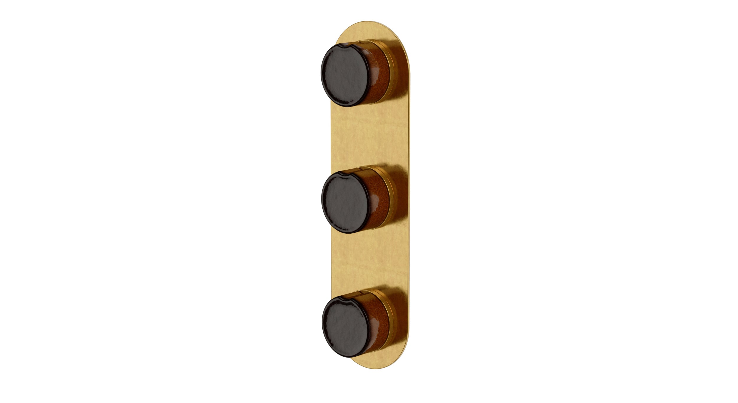 Foundry Three Handle Wall Mount Shower Trim with Groove Ceramic Knob Handles in French Brass