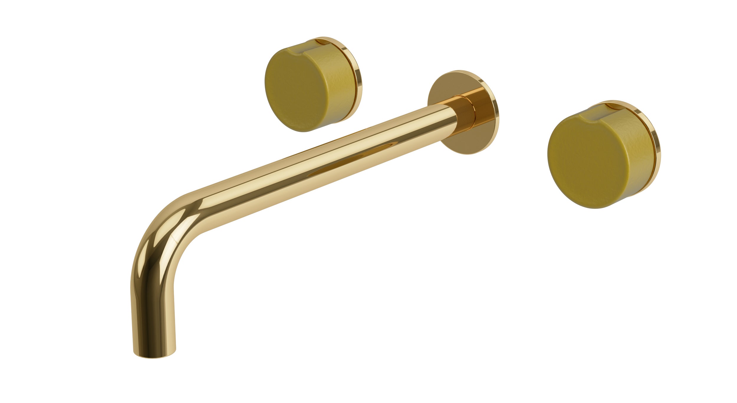 Foundry Two Handle Wall Mount 10" Lavatory Faucet with Groove Ceramic Knob Handles in Polished Brass