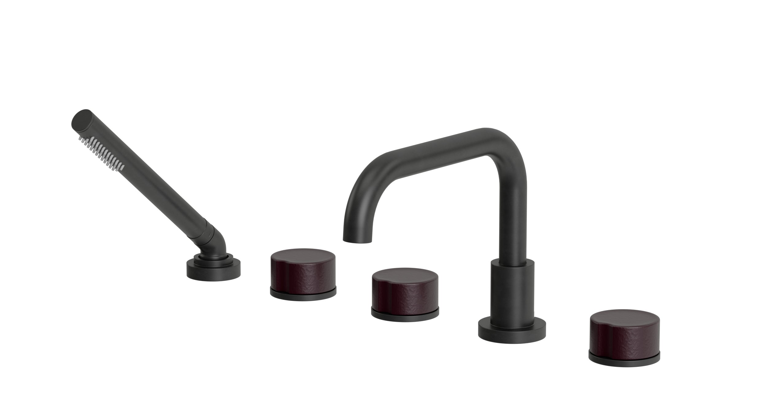 Foundry Three Handle Deck Mount Squaretop Bath Trim with Hand Shower and Groove Ceramic Knob Handles in Oil Rubbed Bronze