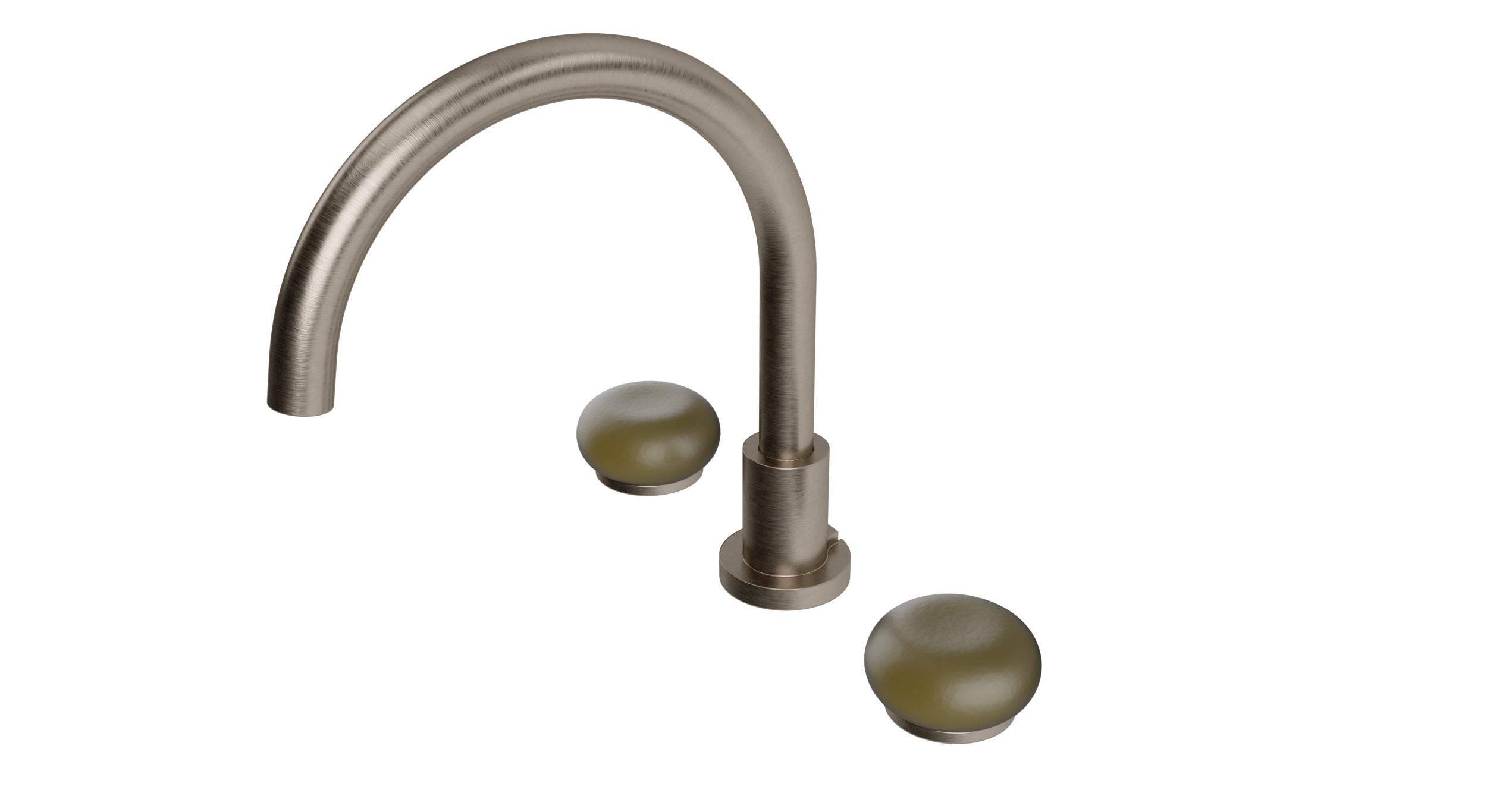 Foundry Two Handle Deck Mount Gooseneck Bath Trim with Pebble Ceramic Knob Handles in Antique Nickel