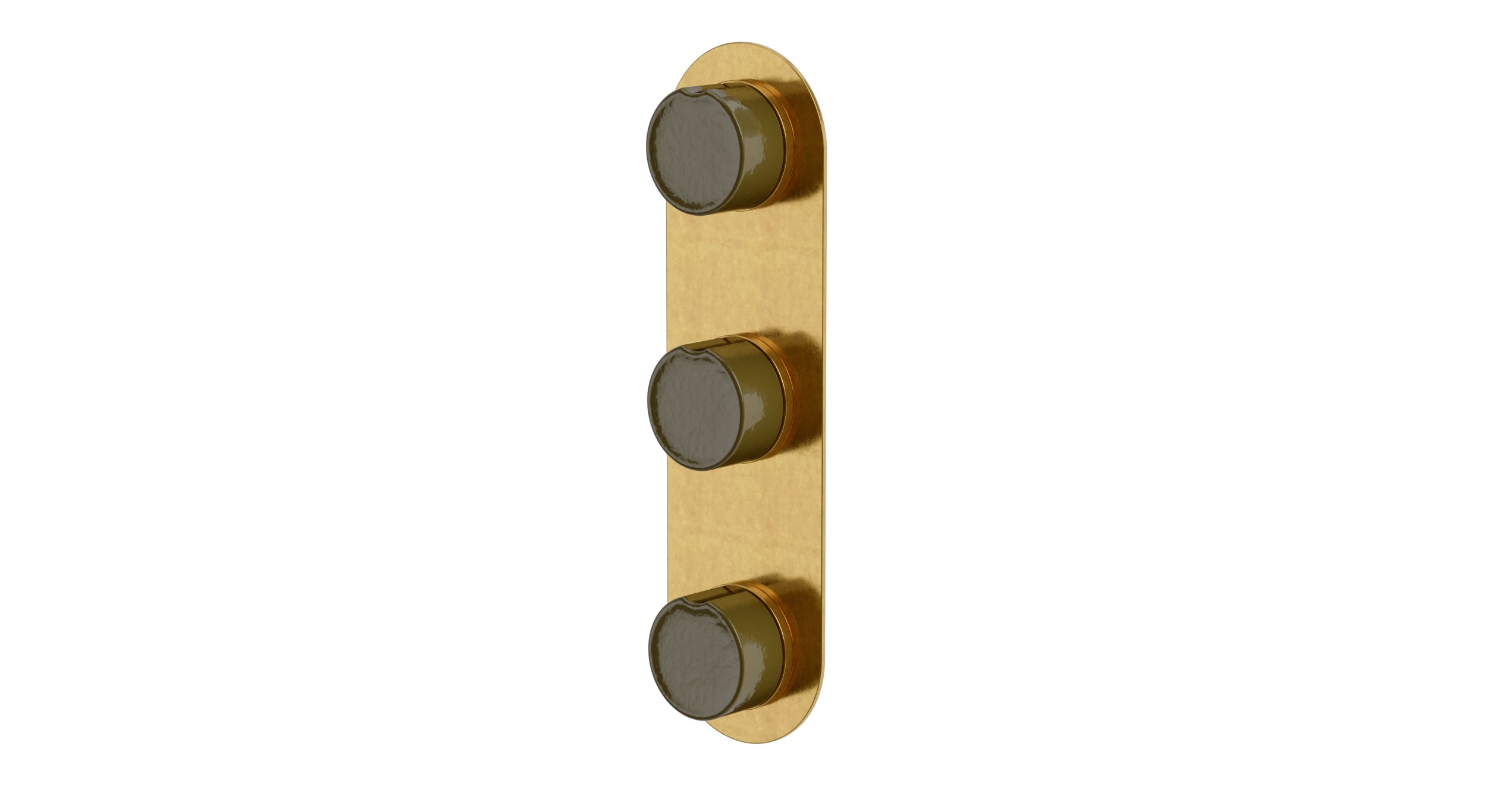 Foundry Three Handle Wall Mount Shower Trim with Groove Ceramic Knob Handles in French Brass