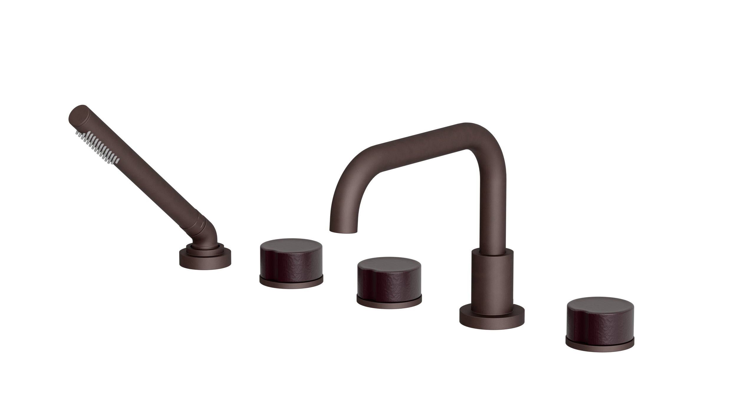 Foundry Three Handle Deck Mount Squaretop Bath Trim with Hand Shower and Groove Ceramic Knob Handles in Architectural Copper