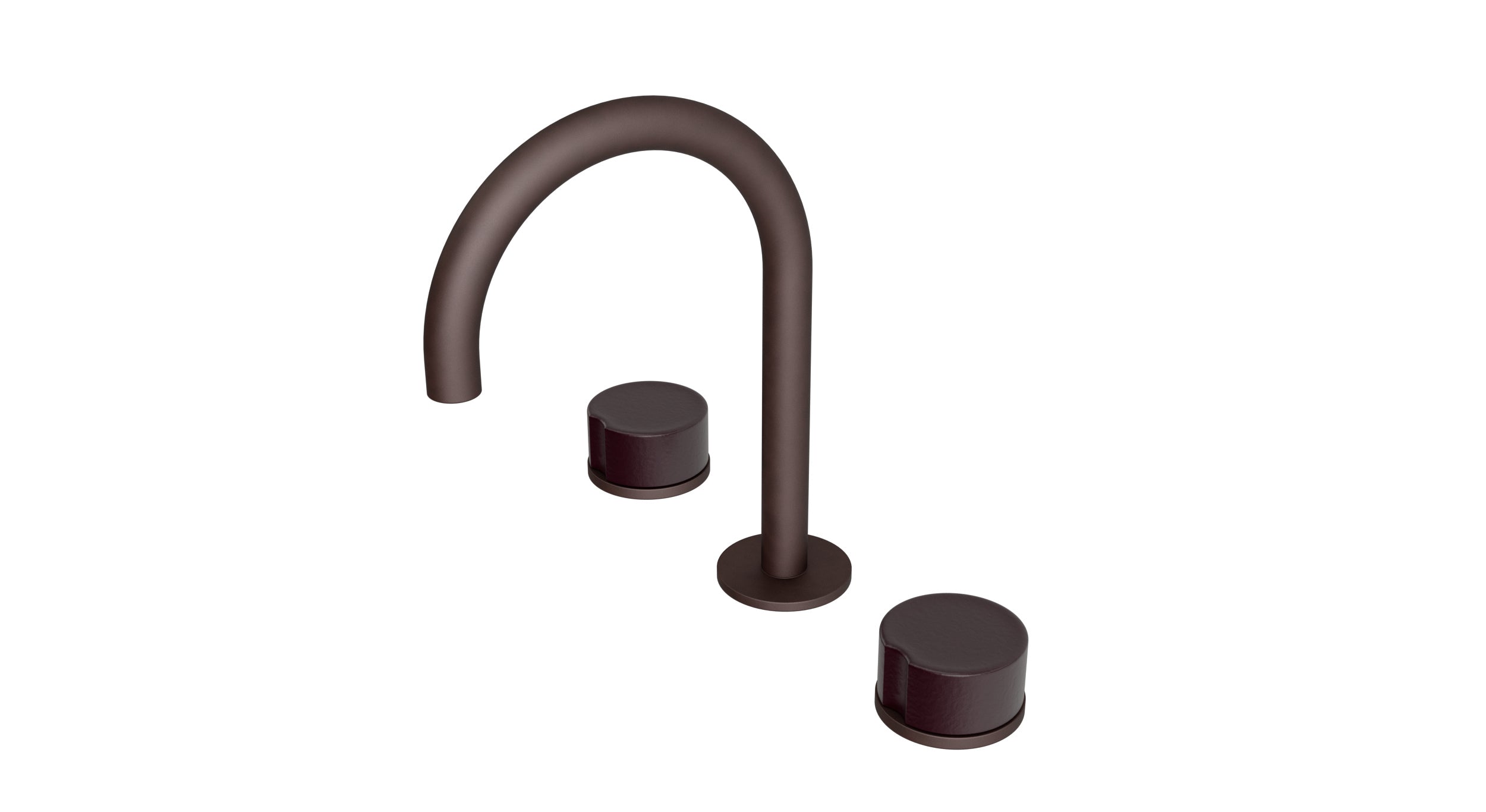 Foundry Two Handle Deck Mount Gooseneck Lavatory Faucet with Groove Ceramic Knob Handles in Architectural Copper