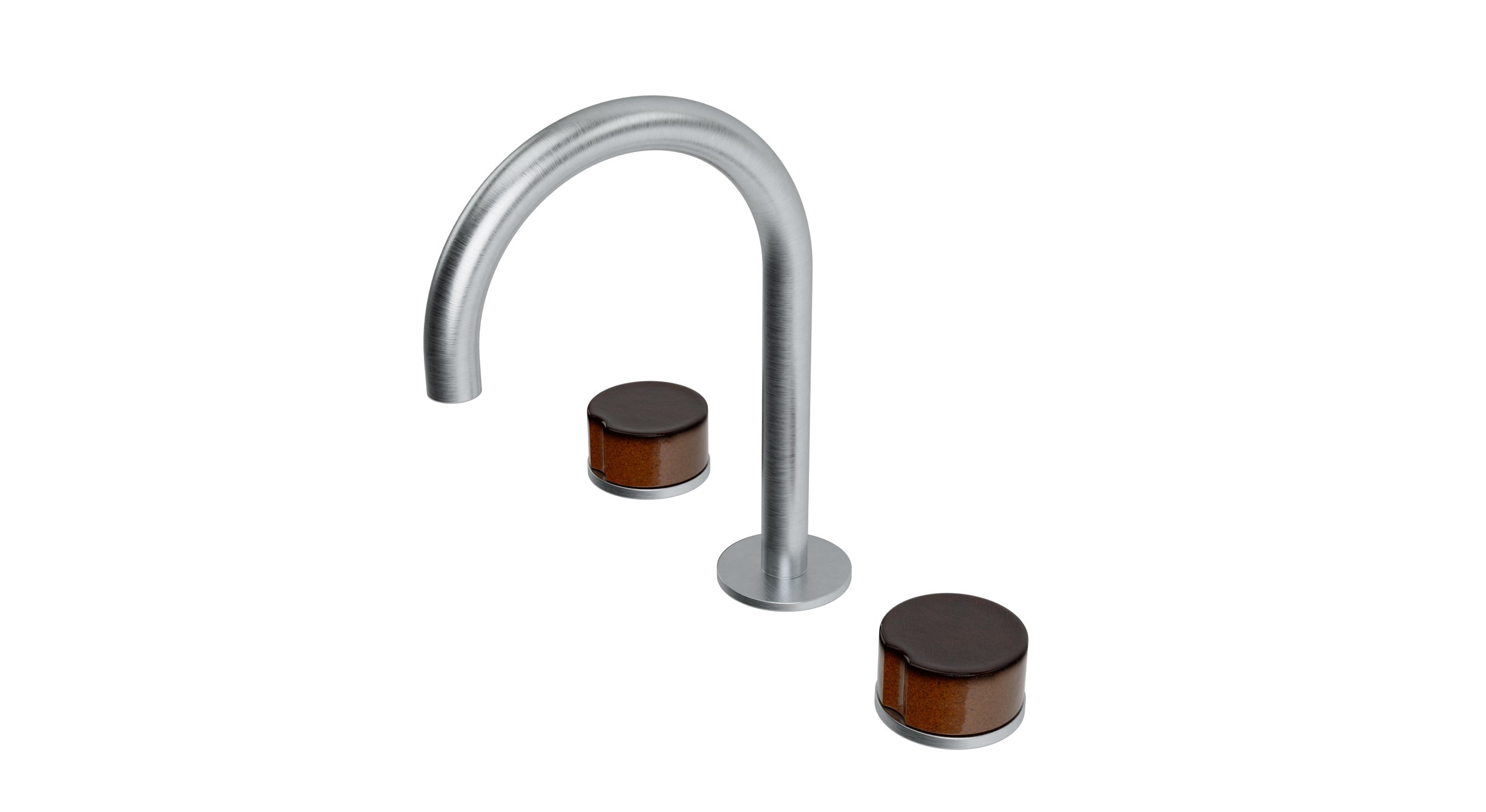 Foundry Two Handle Deck Mount Gooseneck Lavatory Faucet with Groove Ceramic Knob Handles in Satin Chrome