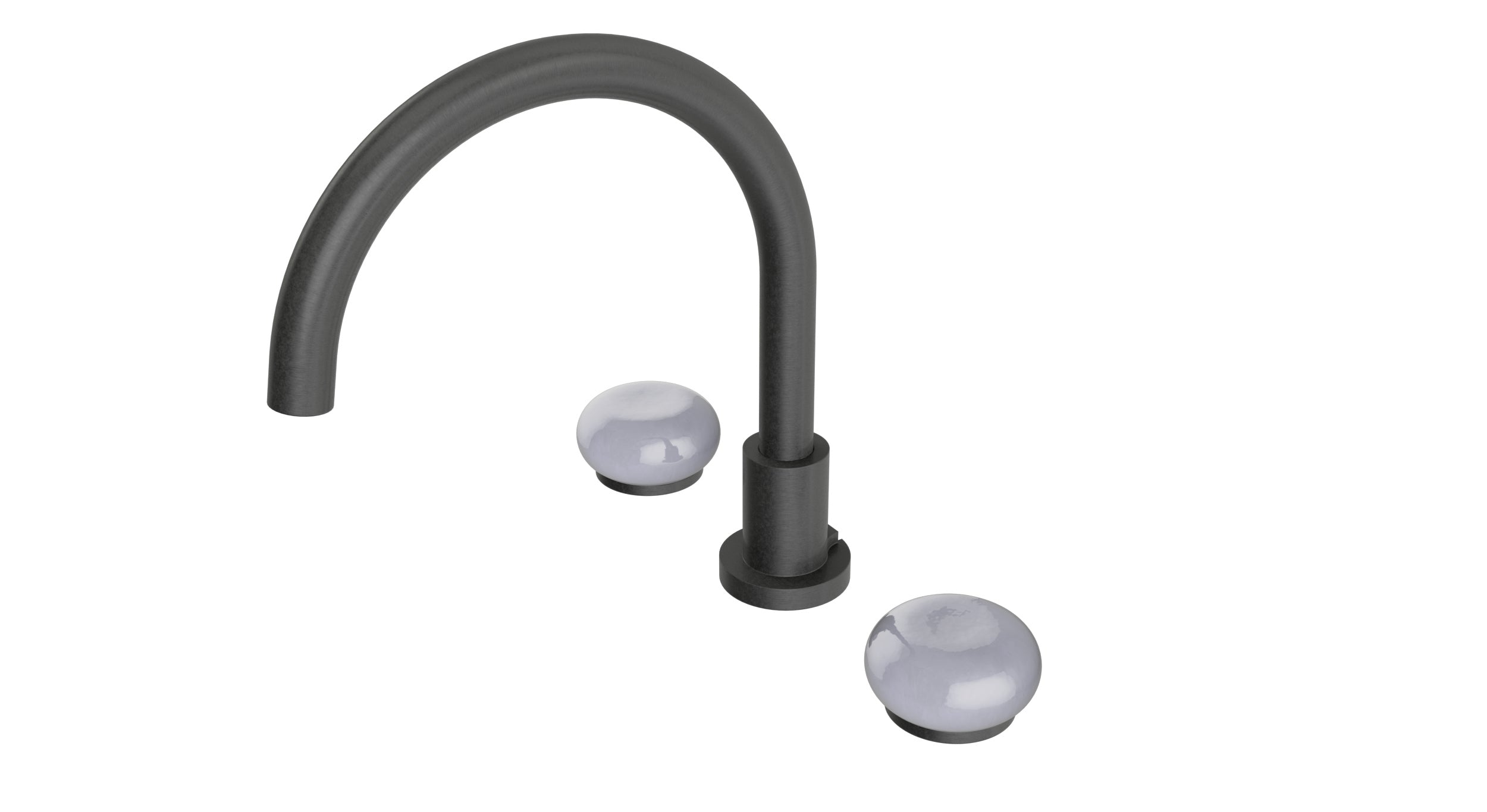 Foundry Two Handle Deck Mount Gooseneck Bath Trim with Pebble Ceramic Knob Handles in Blackened Nickel