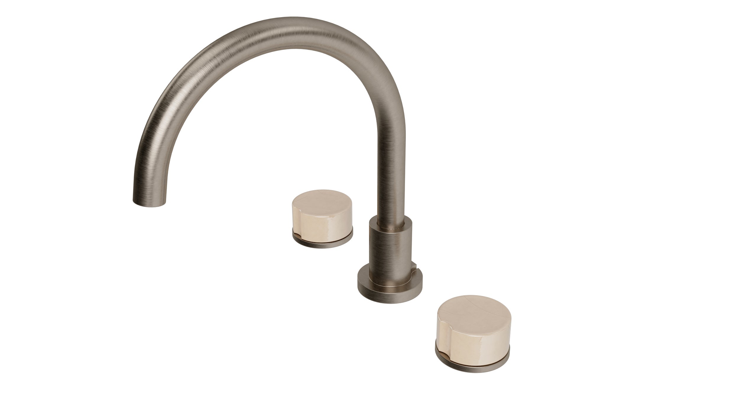 Foundry Two Handle Deck Mount Gooseneck Bath Trim with Groove Ceramic Knob Handles in Antique Nickel