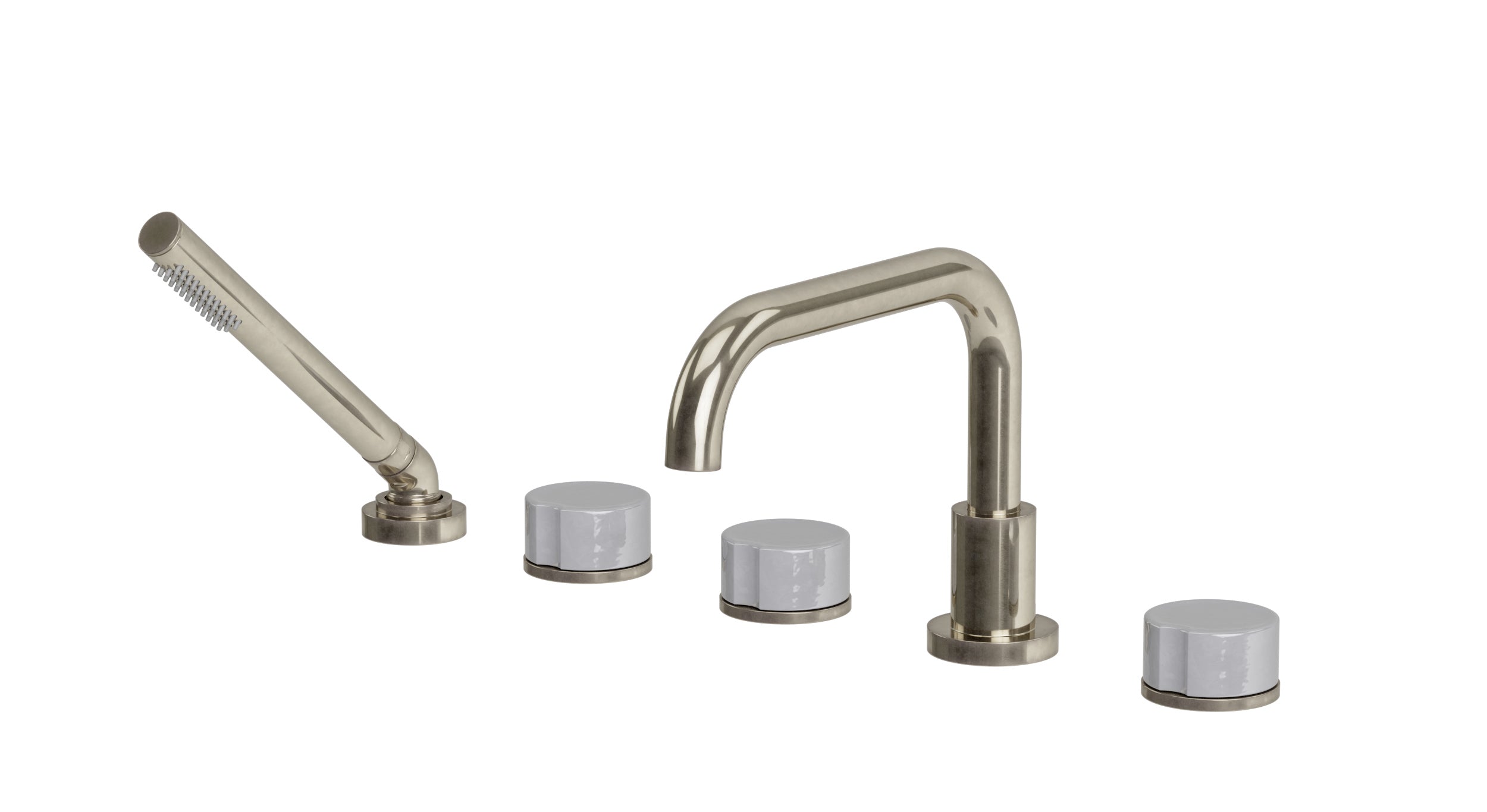 Foundry Three Handle Deck Mount Squaretop Bath Trim with Hand Shower and Groove Ceramic Knob Handles in French Nickel