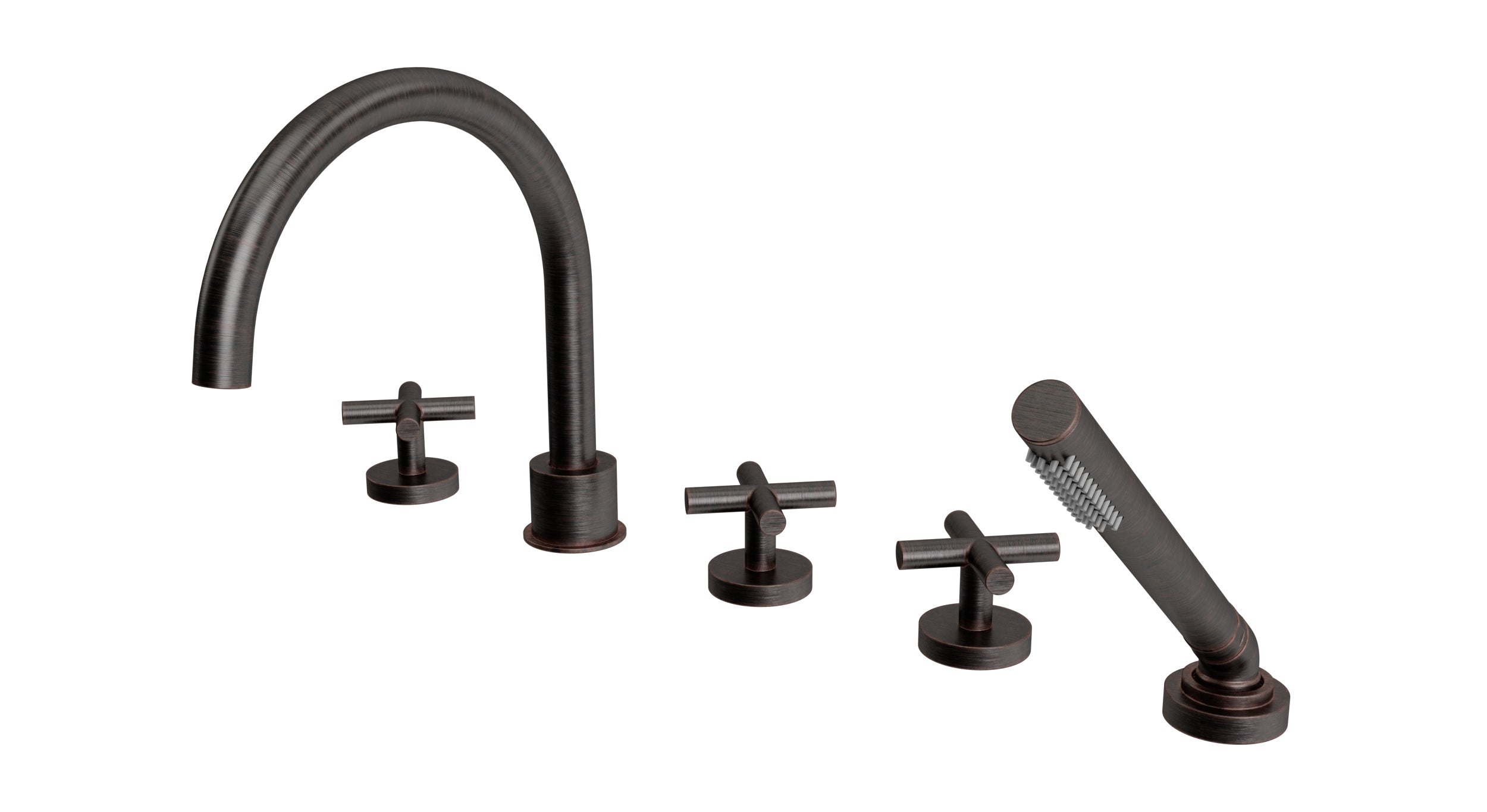 Contour Three Handle Deck Mount Gooseneck Bath Trim with Hand Shower and Soft Cross Handles in Antique Bronze
